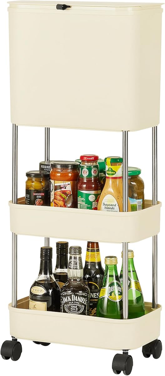 VECELO Kitchen Trash Can with Lid, Garbage Bin with Storage Rack, Dog Proof Narrow Waste Basket for Bathroom, Bedroom, Living Room, Office, White