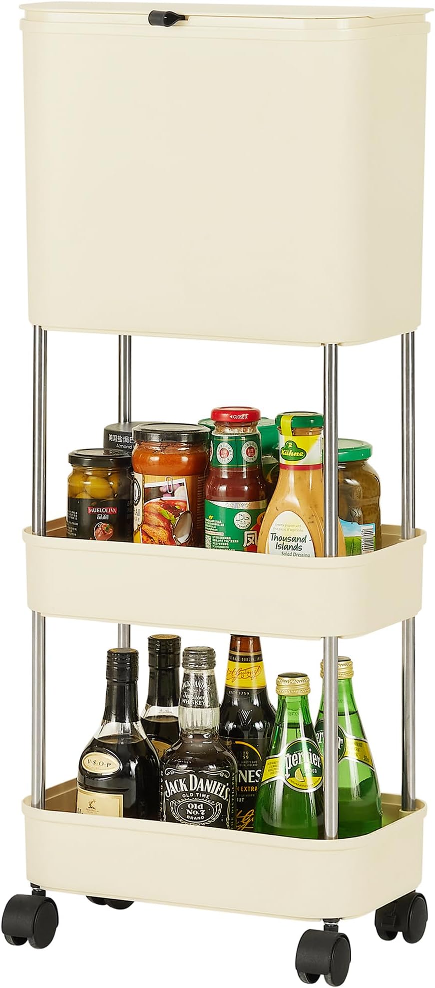 VECELO Kitchen Trash Can with Lid, Garbage Bin with Storage Rack, Dog Proof Narrow Waste Basket for Bathroom, Bedroom, Living Room, Office, White