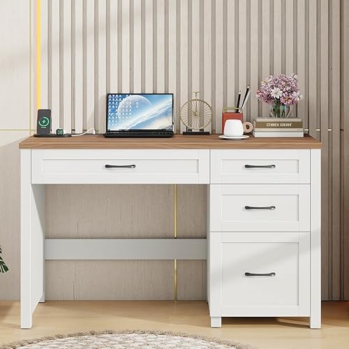 Miniatura 6 de Vabches Farmhouse - Escritorio ejecutivo de 47 pulgadas, escritorio para computadora con cajón de archivos y estación de carga, estación de trabajo