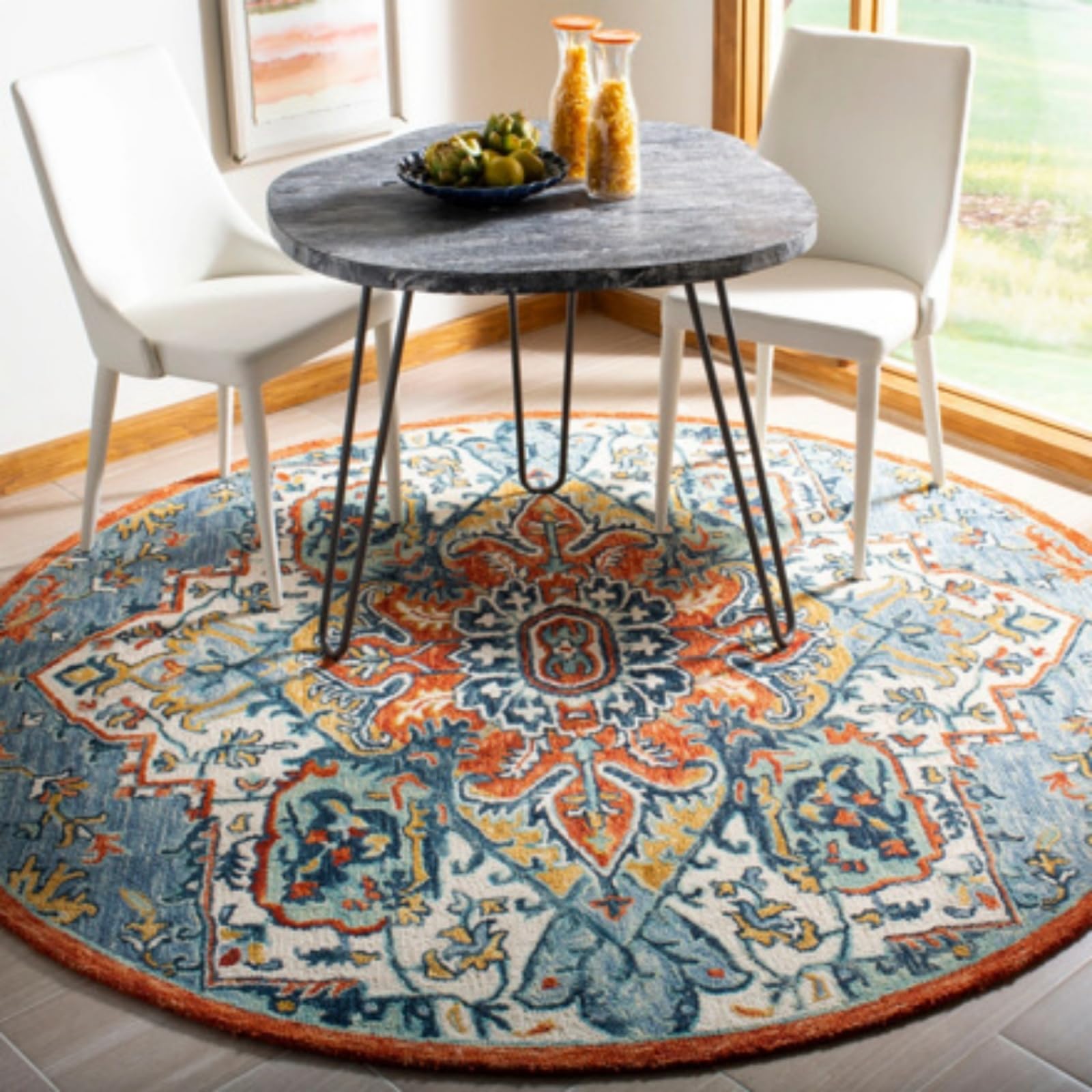 Teppich Wohnzimmer Rund 90 Cm Blau Orange Teppich Kurzflor Rutschfest