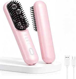 Professional wirelessnegative ionelectricstraighteningcombandcurlingcomb.Suitable forshort Hair/fine anddamaged Hair,4-leveltemperaturecontrol.5000mAhUSB-Crechargeable.Portabletravelhairstylingtool.