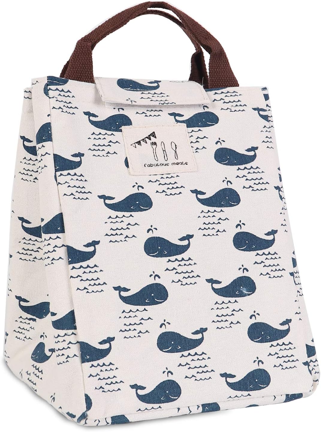 HOMESPON Reusable Lunch Bags Printed Canvas Fabric with Insulated Waterproof Aluminum Foil, Lunch Box Tote Handbag for Women, Kids, Students,Blue Whale