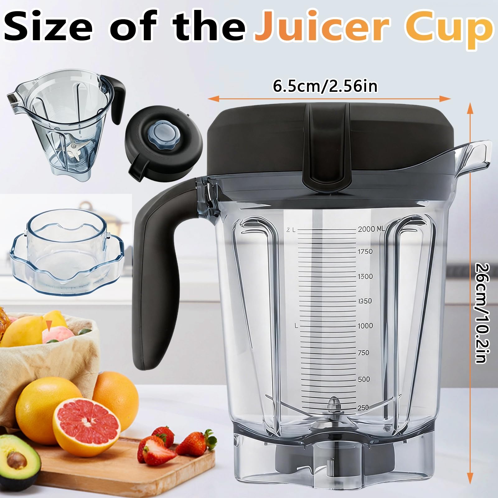 Mixbehälter, 64 oz Entsafterbecher mit Deckel, Messerverschluss und Klinge aus Edelstahl für Vitamix 750 5300 5200 7500 6300 Vm0102 Vm0103 Vm0197 E310 G/Classic C/Explorian/Commercial-Serie