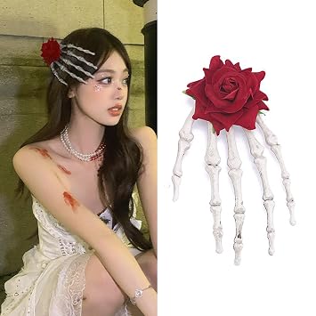 1Pcs Spooky Halloween Bone Hair Clip with Skeleton Hand Design, Red Rose Accent Hair Accessories for Women & Girl - Perfect for Cosplay, Costume Party, Day of the Dead CelebrationUnique Claw Clips