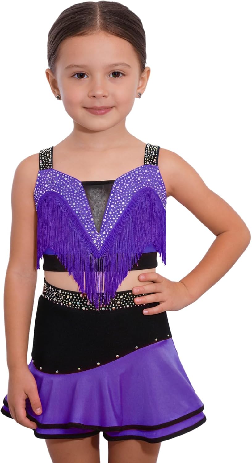 Girls Latin Dance Outfit Sets Cha-cha Stage Performance Dancewear Mini Skirt Crop Top with Skirt