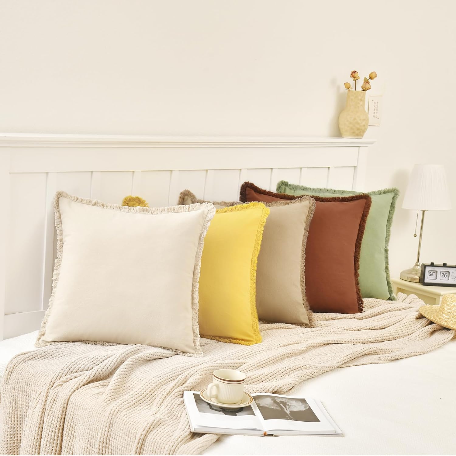 ZWJD Pillow Covers 22x22 Set of 2 Beige Throw Pillow Covers with Fringe Chic Cotton Decorative Pillows Square Cushion Covers for Sofa Couch Bed Living Room Farmhouse Boho Decor