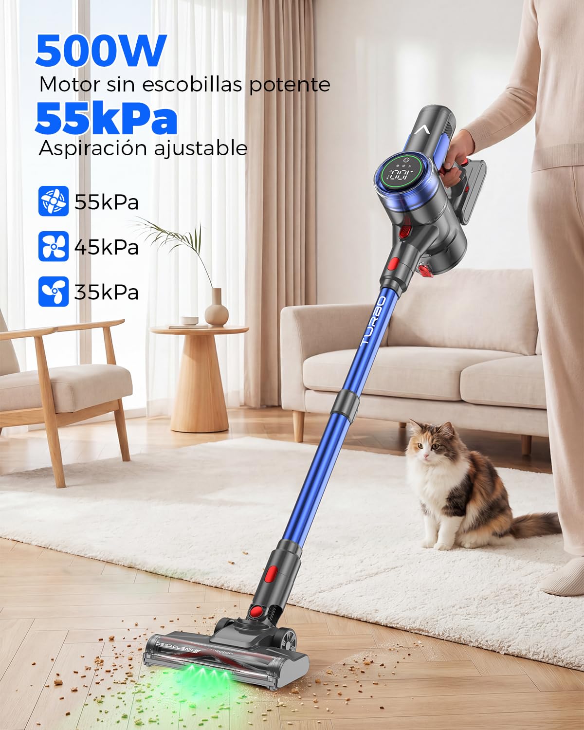 Aonus A10 Aspiradora sin Cable 55kPa, 500W Potente Succión, 70 Minutos Autonomía, Pantalla Táctil, Ligera Anti-Enredos, Autoestable, para Mascotas Alfombras Suelos Duros, Azul