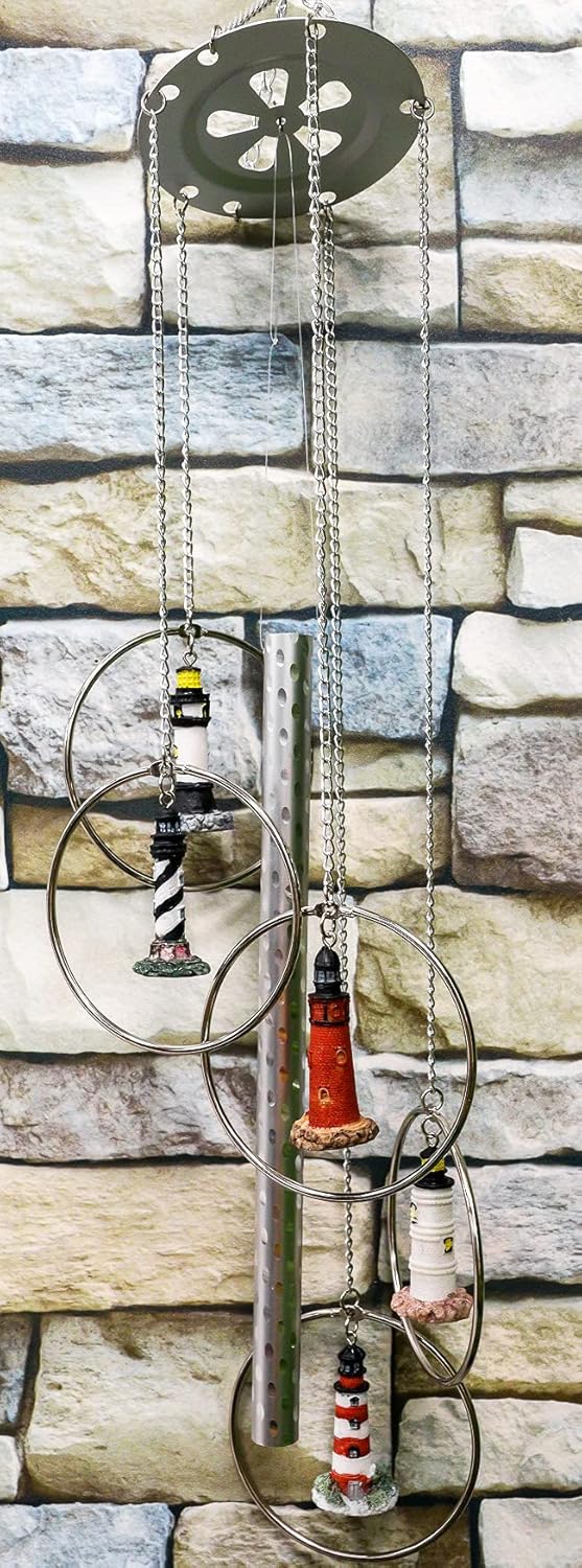 Ebros Cape Hatteras Bodie Island Ponce de Leon Inlet Foulweather and Biloxi Lighthouses in Metal Rings Hanging Mobile Wind Chime Aluminum and Resin Chimes Light House Decorative Patio Garden Accent