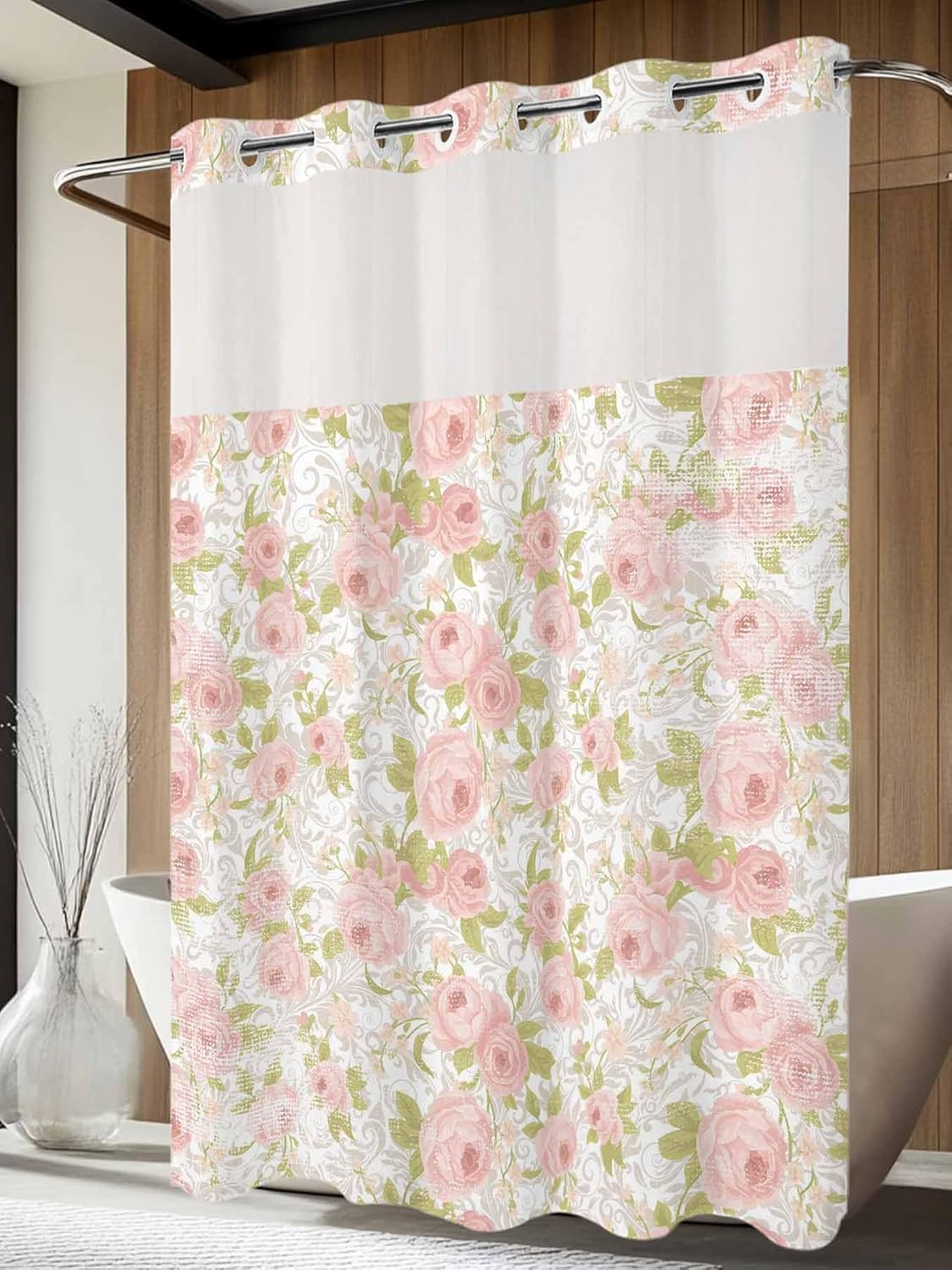 No Hook Shower Curtain, Pink Flowers Long Bathtub Curtains with Snap in Liner, Country Botanical Floral Leaves Romantic Waterproof Washable Fabric Shower Curtain Set, 72" x 84"