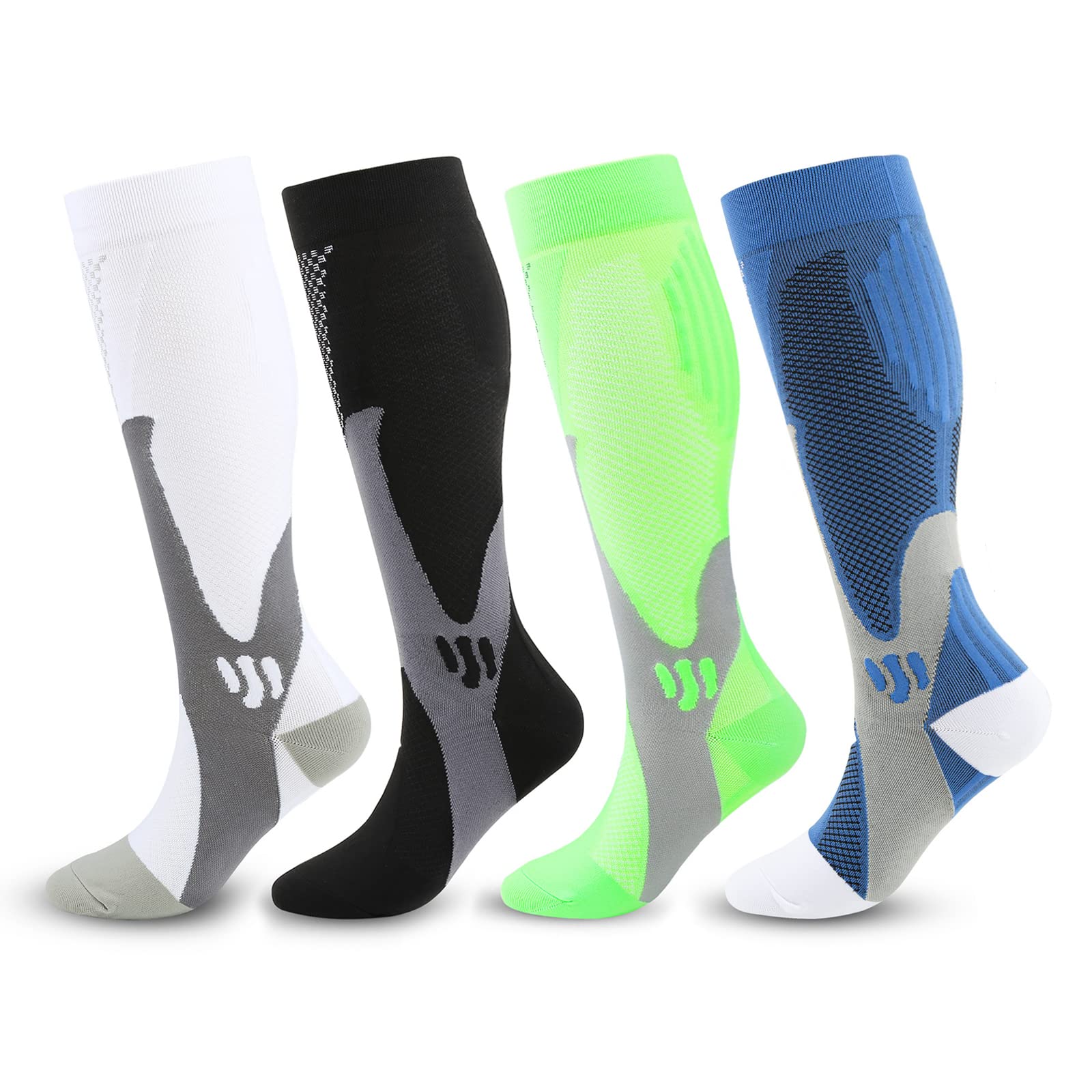 Kickticks4 Pairs Compression Socks for Woman & Man Unisex 20-30mmHg Knee high Plus Size Wide Calves for Flying Running…