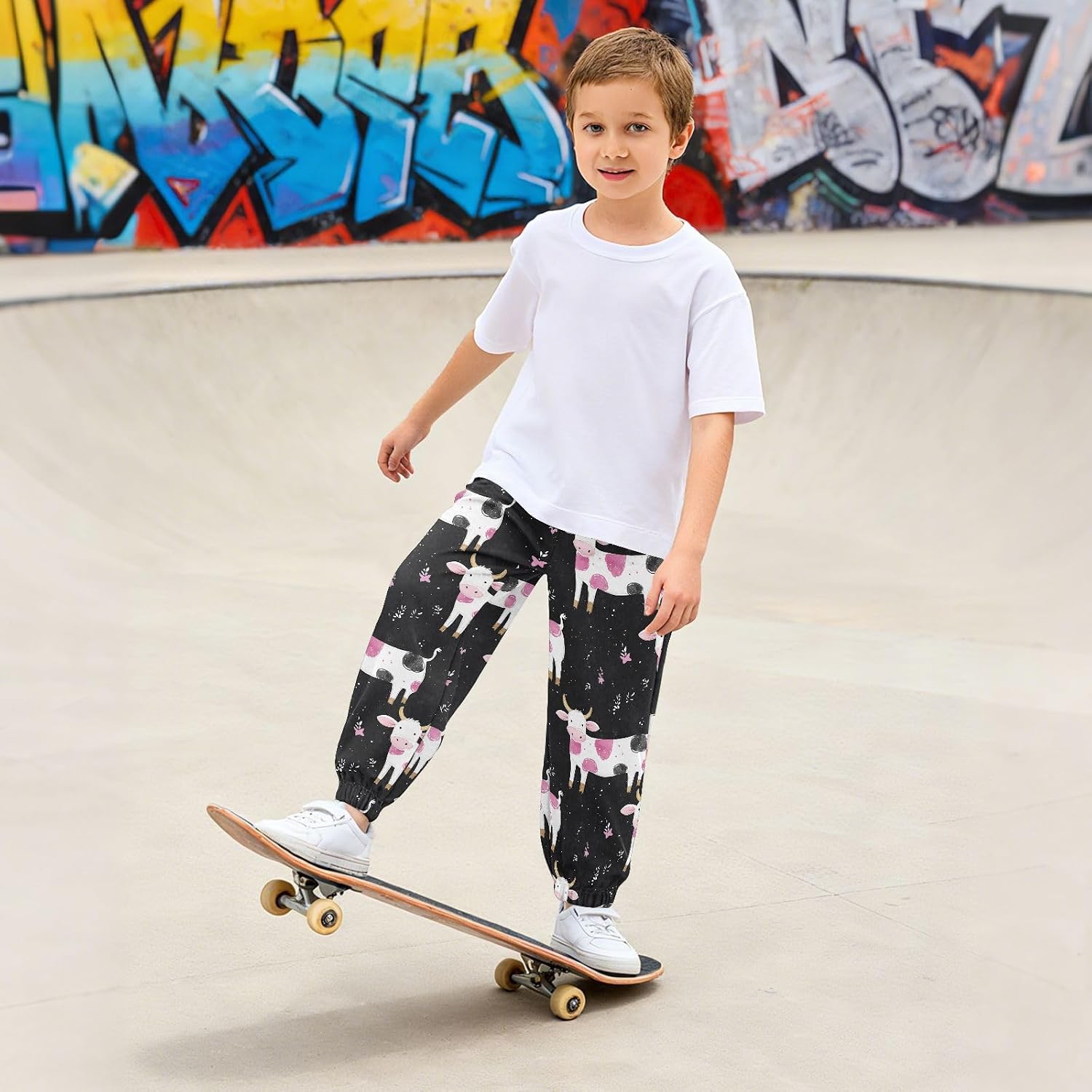 Boy Sweatpants Animal Cow Pink Joggers Casual Athletic Pants Kids Elastic Waist Cuffed with Pockets