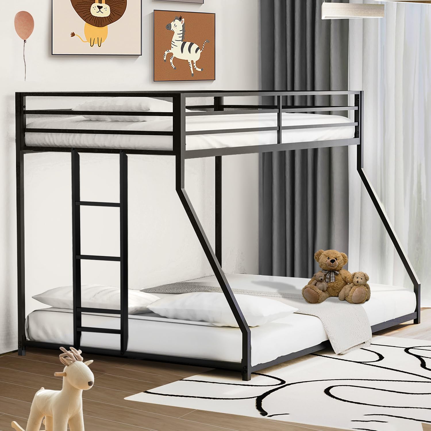 LIFE SKY Twin Over Full Bunk Bed - Metal Bunkbeds Full Bottom Low Profile Removable Side Ladder Black