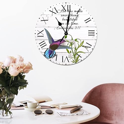 Miniatura 80 de ArogGeld He Made Everything Beautiful - Reloj de pared de PVC con flores rosadas, colibrí, reloj de pared grande con cita y números romanos, reloj