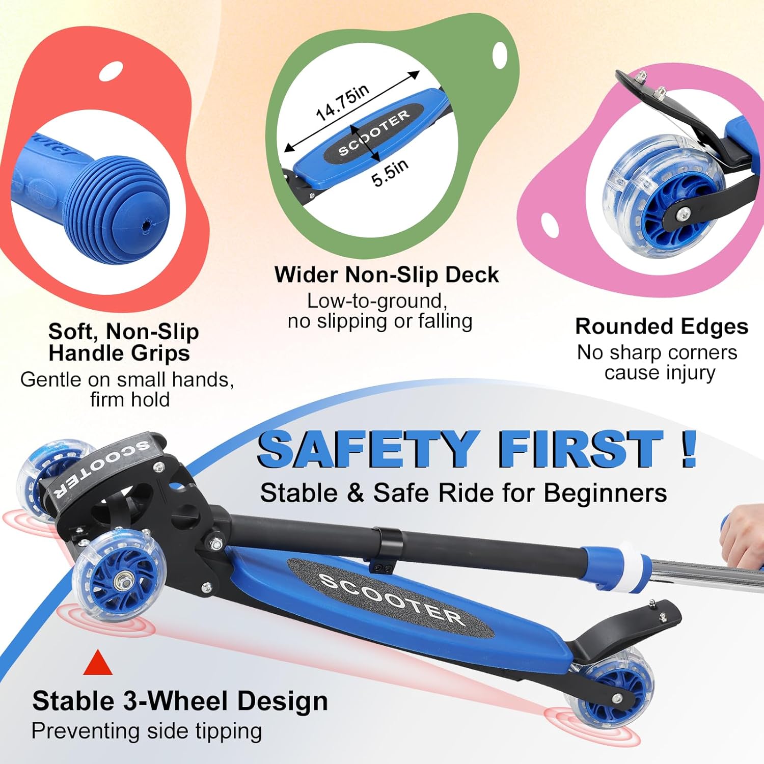 Scooter for Kids 3-5 5-7,Light up 3 Wheels Kick Scooter,Heavy Duty Folding Lean-to-Steer Scooters with 3 Adjustable Handlebar for Boys Girls,Widen Anti-Slip Deck,Rear Break,Holds up to 150Lbs