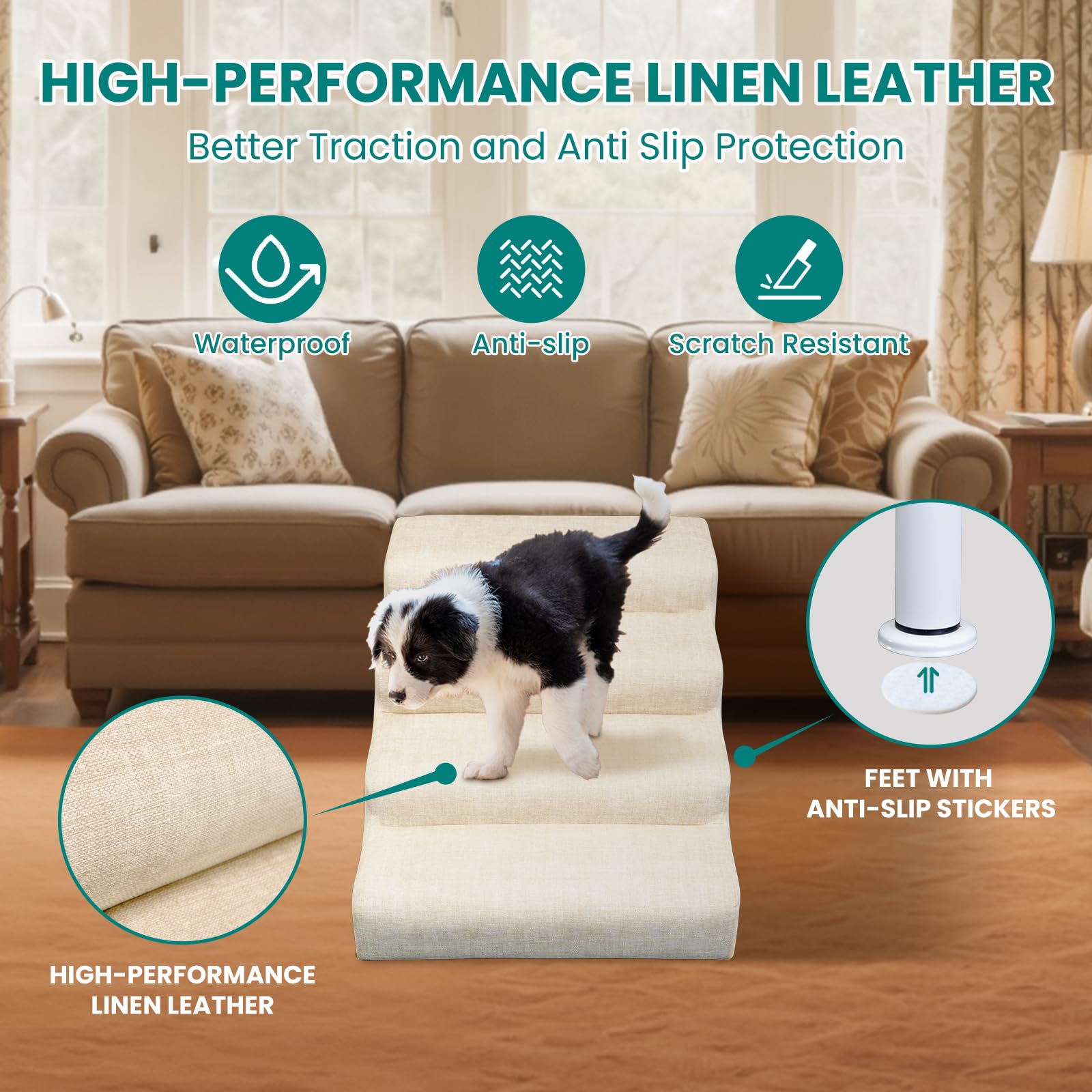 Hundetreppe rutschfeste Hunderampe Weiche Haustiertreppe Höhenverstellbar Mehrstufig wählbar Haustiertreppe für Hunde und Katzen (Beige, M, 4)