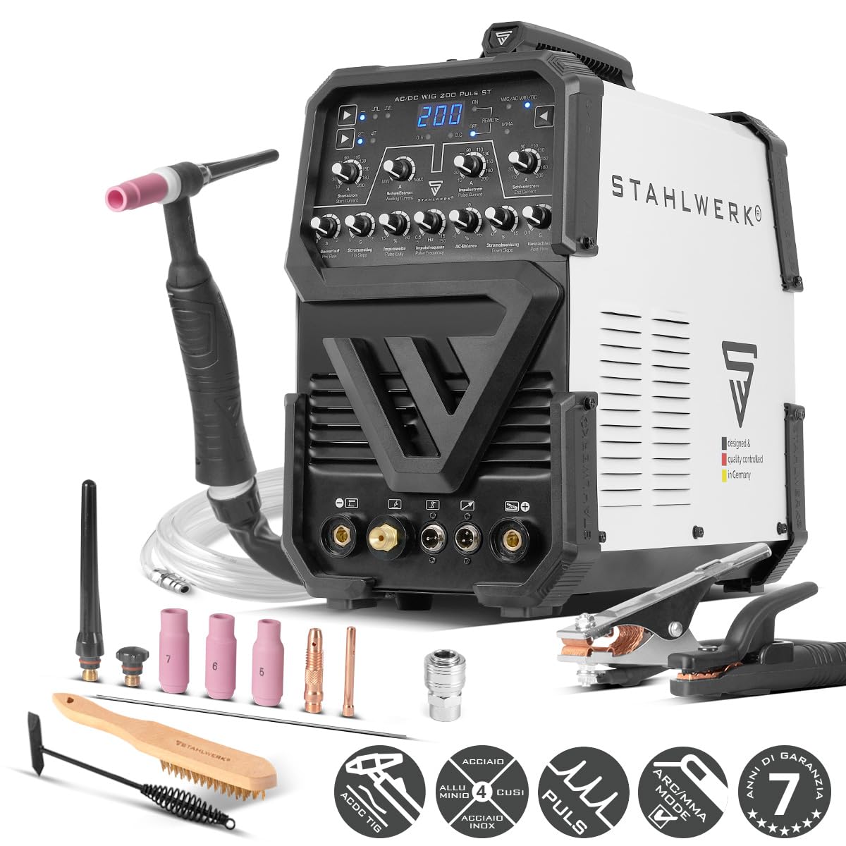 STAHLWERK Saldatrice AC/DC TIG 200 Puls ST – Inverter IGBT con modalità AC, MMA (elettrodo) fino a 200 A, innesco HF, funzione Pulse, 2T & 4T, Hotstart, per alluminio & lamiere sottili
