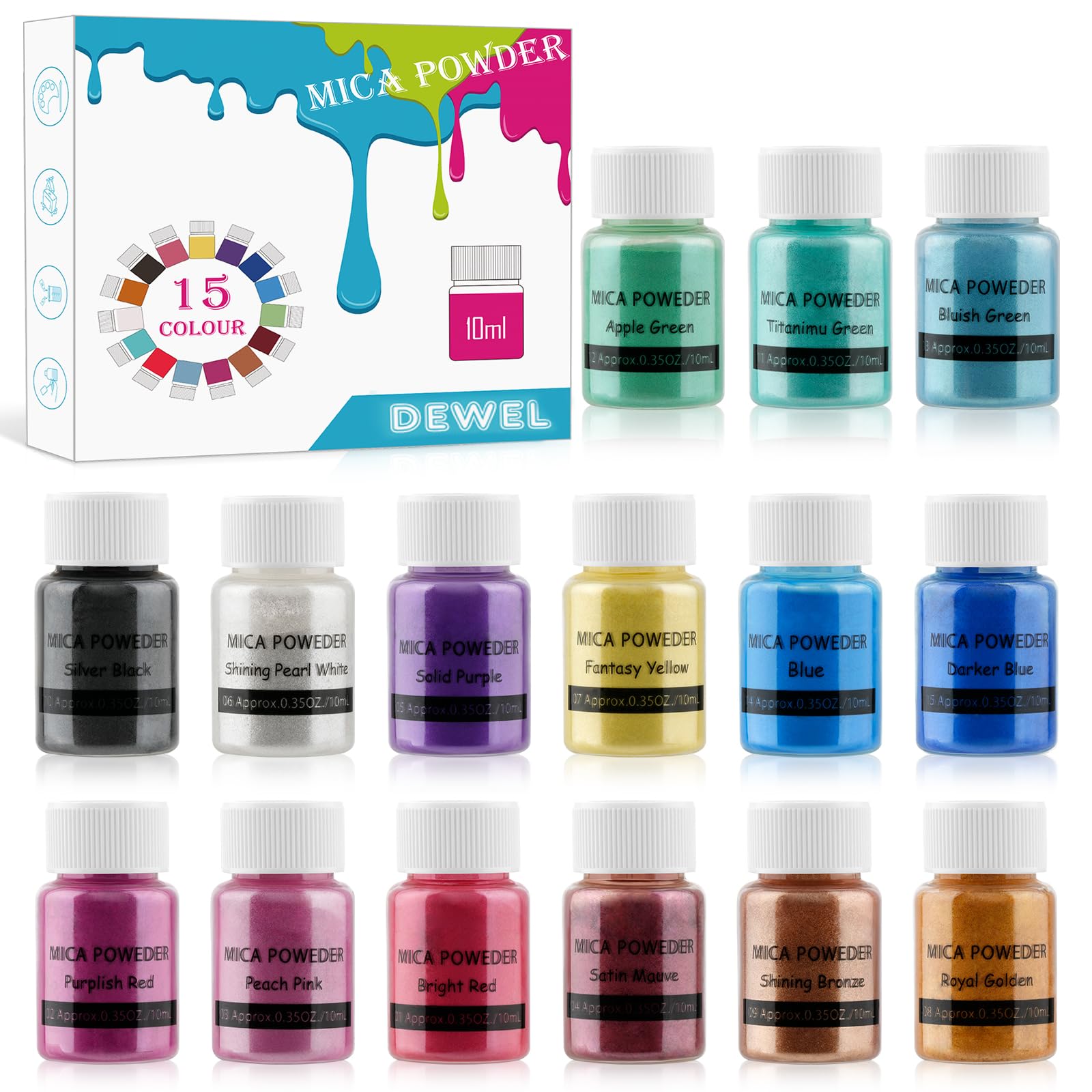 DEWEL Polvere di Mica 15 Colori × 10 G, Pigmento Resina Epossidica, Mica Polvere Colorante di Sapone, per Fabbricazione di Candela, Kit di Sapone, Trucco, Smalto per Unghie, Lucidalabbra, Bomboletta