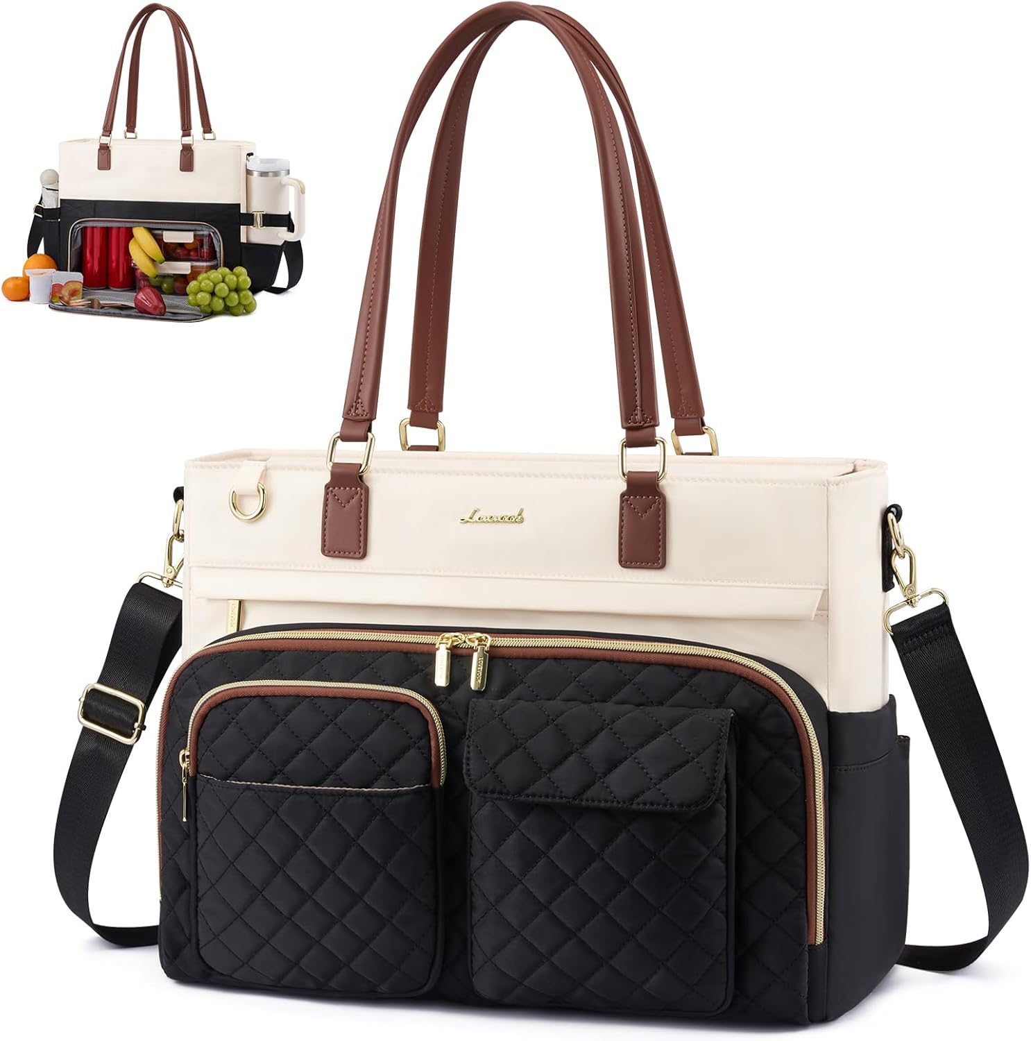 LOVEVOOK Lunch Tote Bag for Women, Work Bags with Insulated Lunch Compartment, 15.6 Inch Laptop Bag with Large Cup Holder, Teacher Nurse Tote Handbag with Multi Pockets for College, Office, Travel