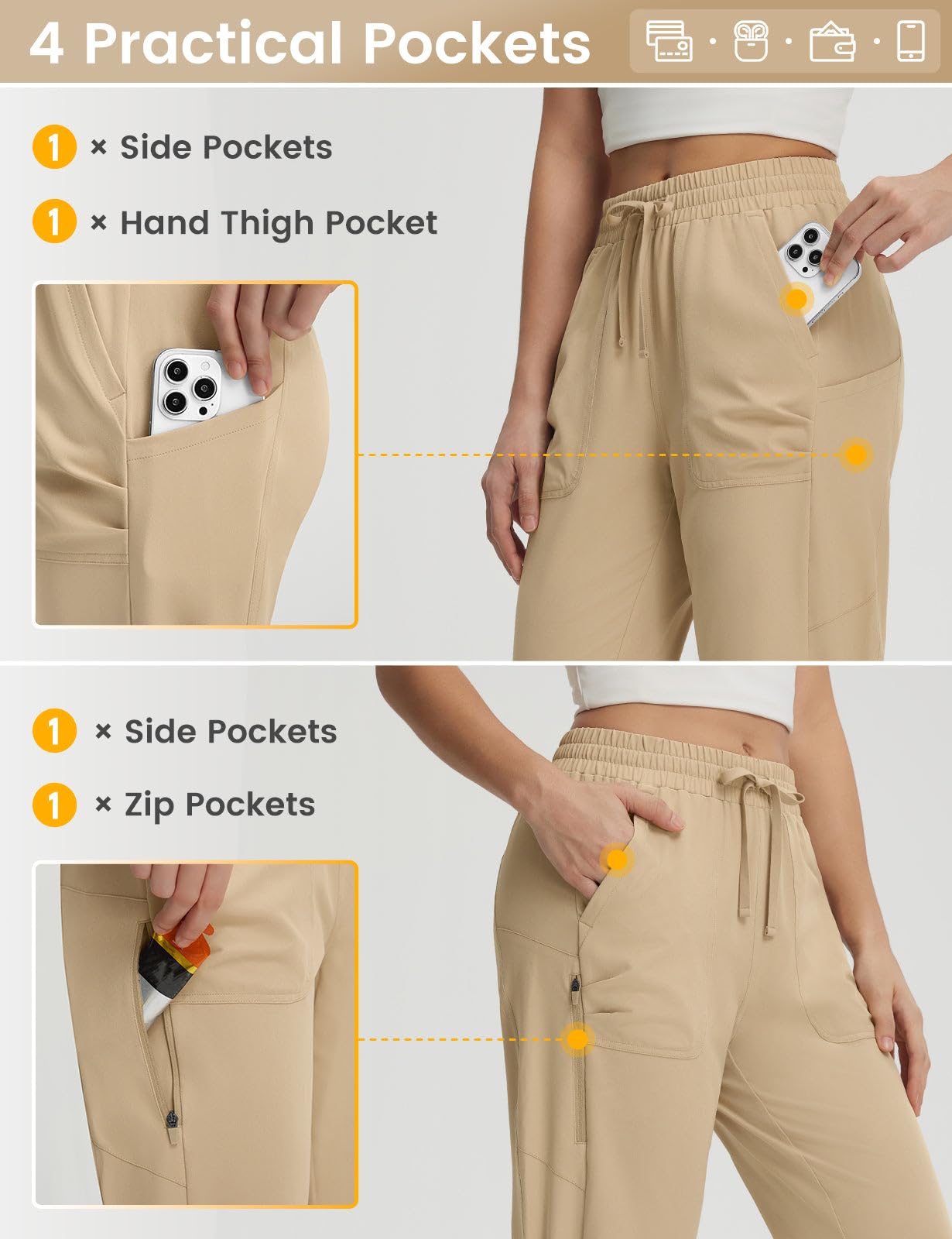 baleaf Pantalon Randonnée Femme, Pantacourt Travail Pluie Été Printemps Cargo Pants Solaire Respirable avec Poches