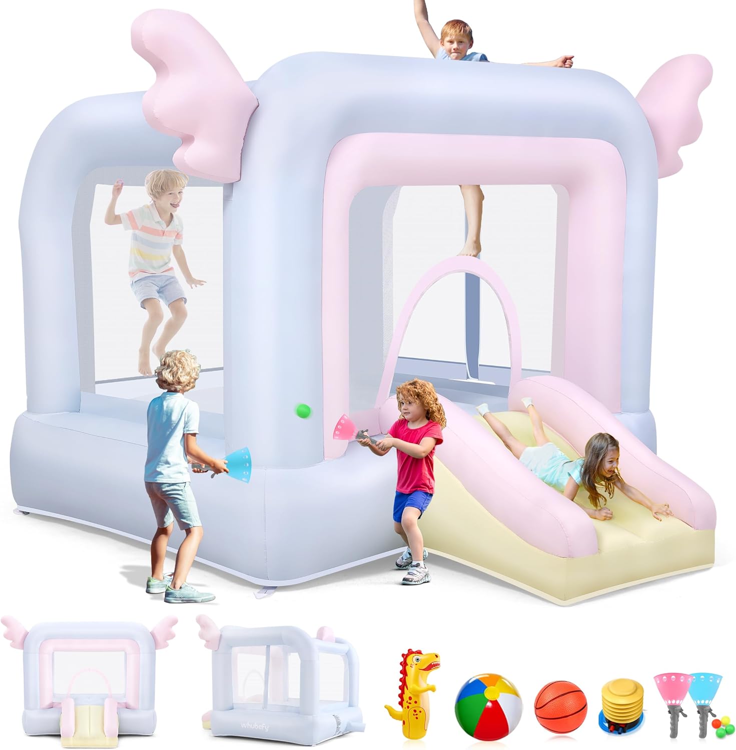 Whubefy Inflatable Bounce House for Kids, Dreamwing Bouncy Castle for Kids 8-12 Indoor & Backyard Fun, Toddler Inflatable Bouncer Jump Play House with Slide, Catch Ball Set, Punching Bag