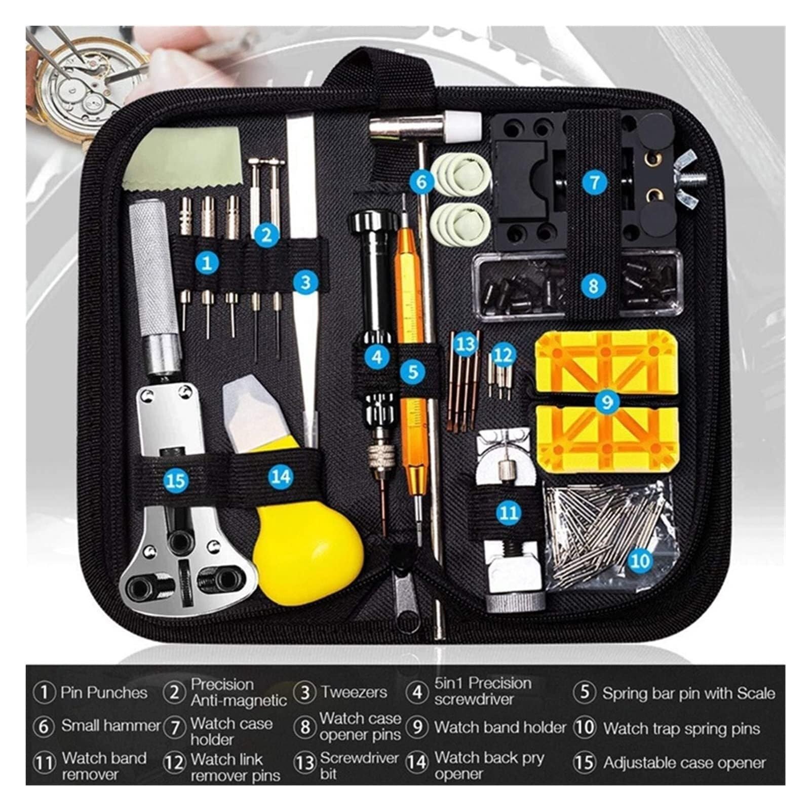 Kit de herramientas de reparación de relojes de 150 piezas, extractor de pasadores de eslabones de reloj, abridor de carcasas, extractor de barra de resorte, reemplazo de batería de reloj, a