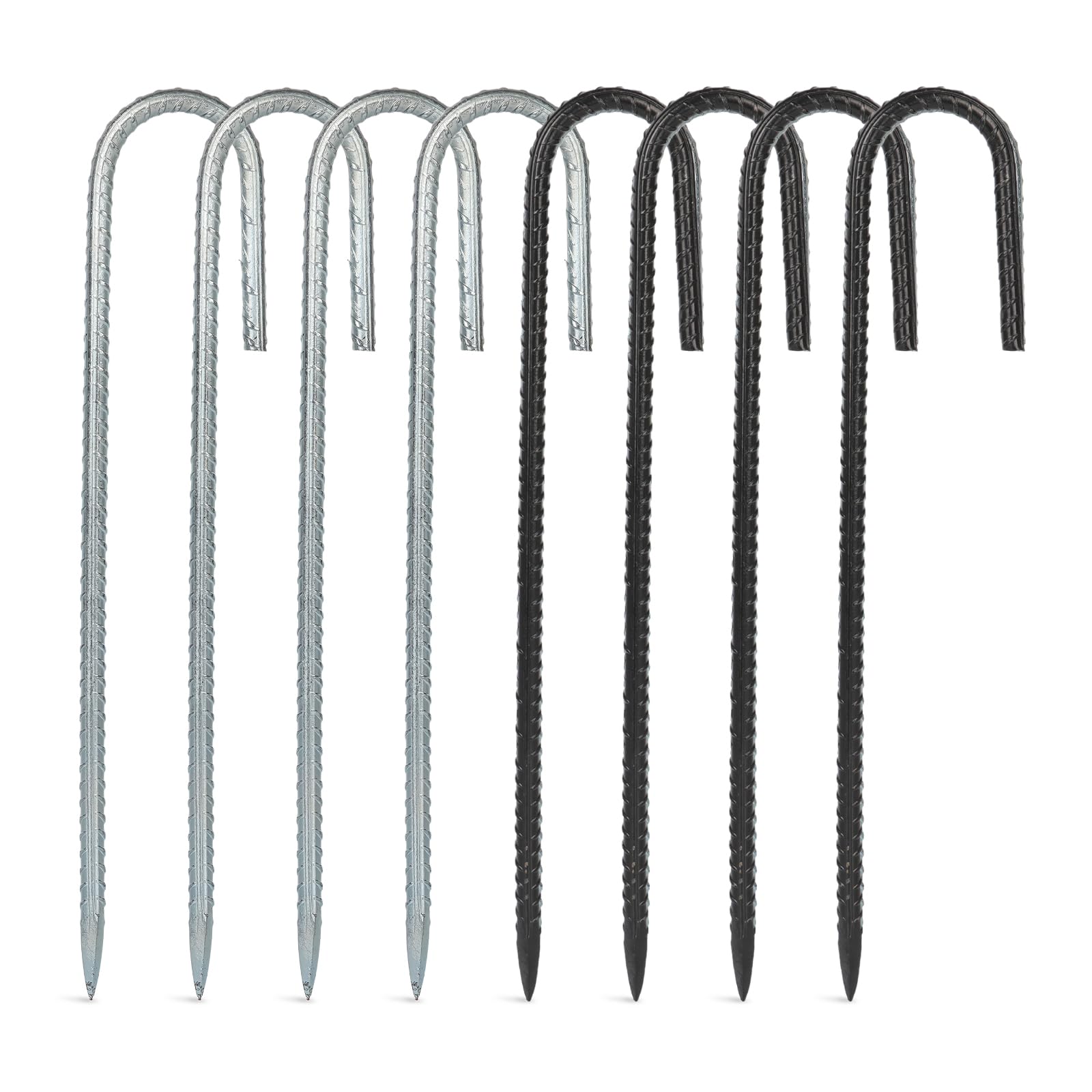Heavy Duty Tent Pegs Metal - 8 Pack 30cm Galvanised Steel J-Shape Ground Pegs for Camping, Garden, Gazebo, Trampoline, Football Net (Silver & Black)