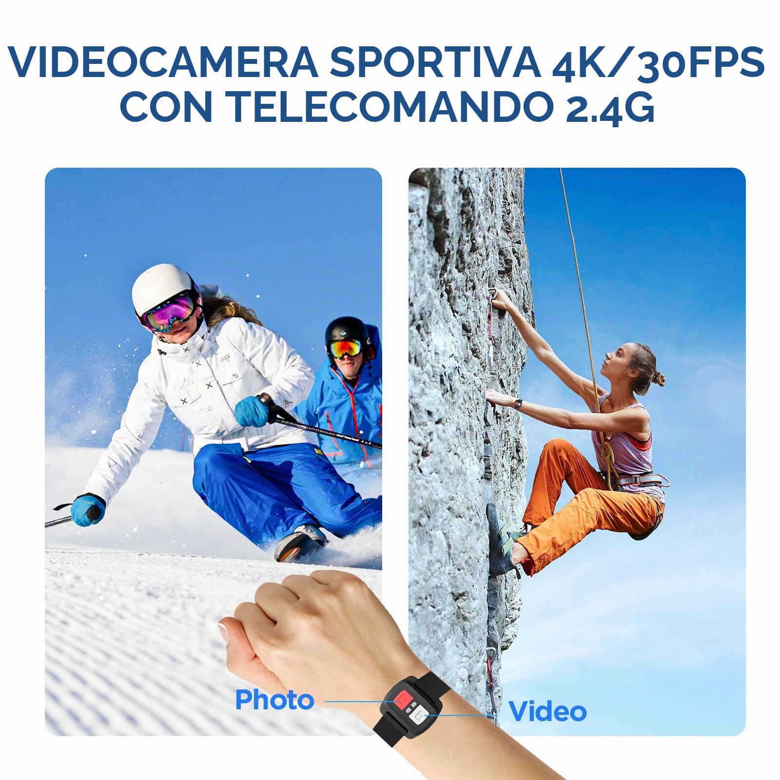 Action Cam 4K 30FPS con 64GB MicroSD, Pre-registrazione 20MP HD Camera170° Fotocamera Subacquea 40M Impermeabile Videocamera,Telecomando2.4G, 2 Batterie Casco Kit Accessor