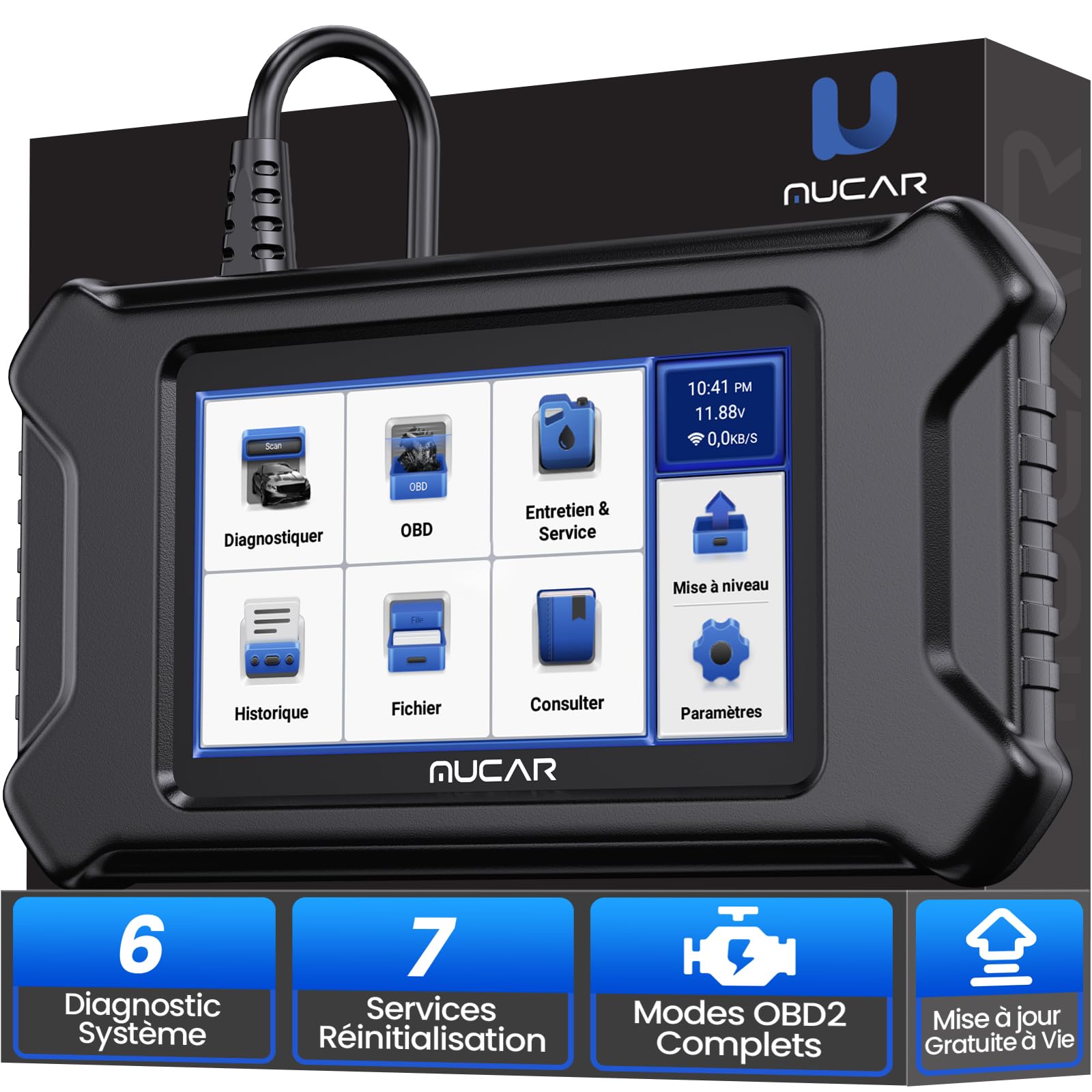 mucar CS6 OBDII Valise Diagnostic Auto, Lecteur de Code de Voiture équipé de 6 Diagnostics du système et 7 Services de Maintenance, contrôle de l'huile + EPB+SAS+TBA+TPMS+ABS+ FAP