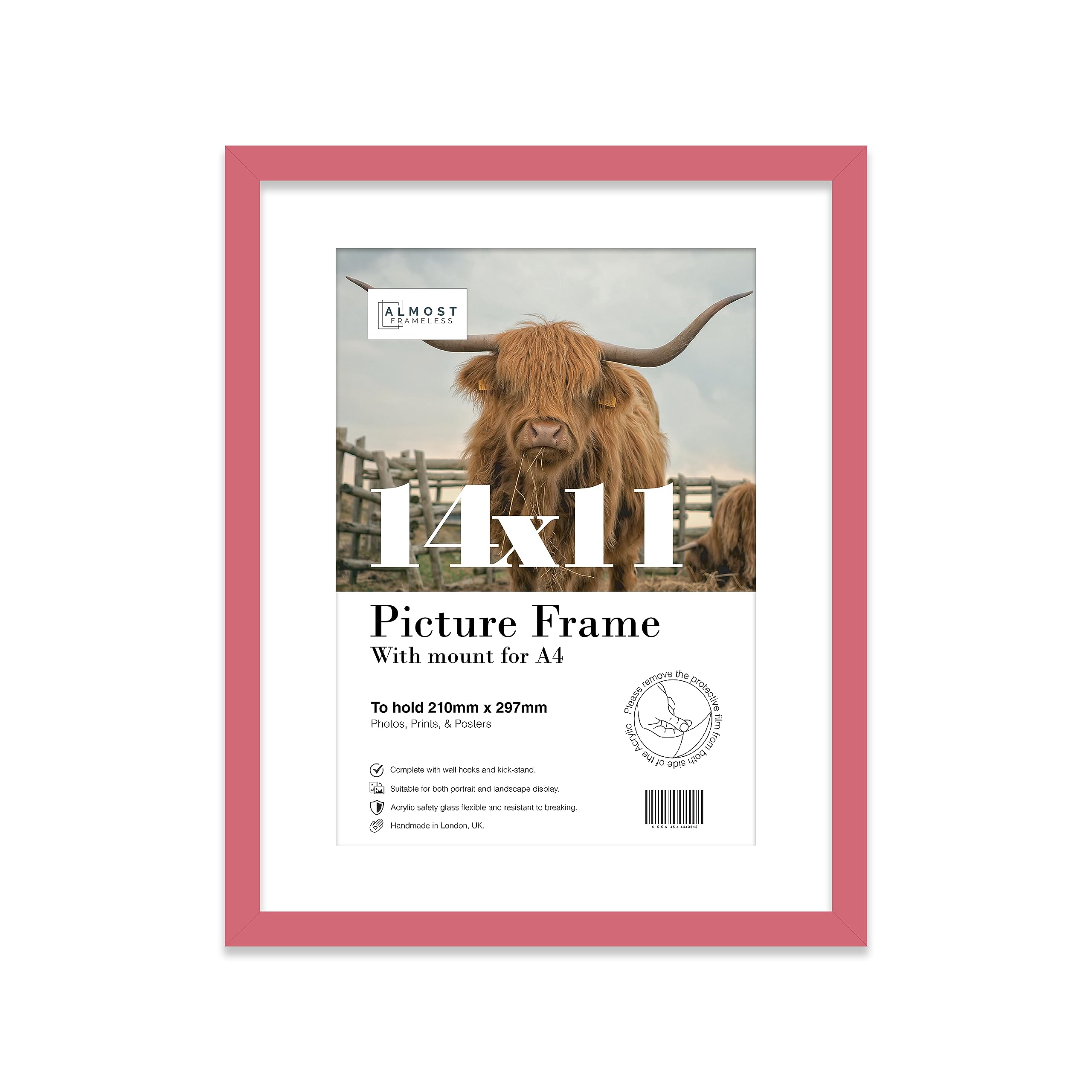 Almost Frameless 14x11 Pink Picture Frame With Mount for A4 Print, Poster or Photo Poster, Photo, Artwork, or Print. Thin Edge Slim Frame Portrait and Landscape Display with Wall Hooks