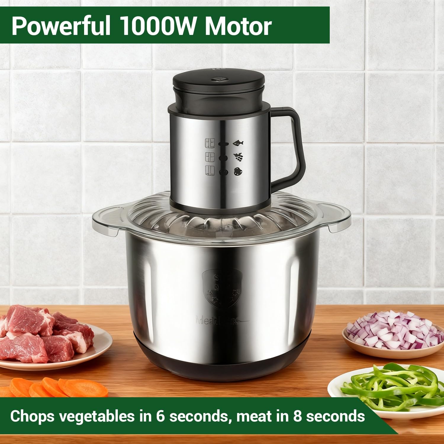Tritatutto Elettrico 1000W, Robot da Cucina da 5L con 6 Lame in Acciaio Inox a Doppio Livello, 2 Velocità, Tritacarne da Cucina per Carne, Verdure, Frutta, Cipolla