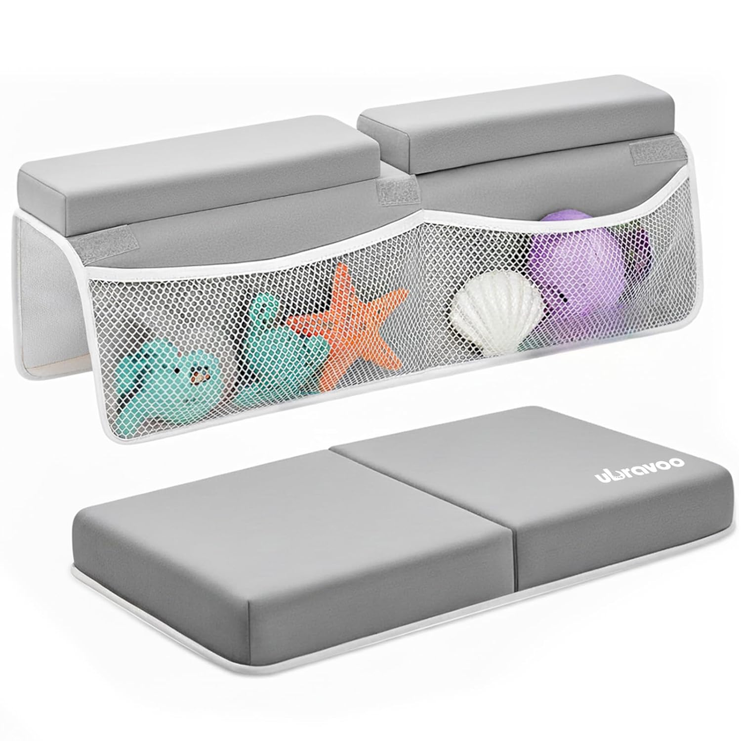 UBRAVOO Baby Bath Kneeler with Elbow Rest Pad, Non-Slip Foam Mat, Quick-Drying Cushion, Foldable Bathtub Support with Toy Storage Pockets for Parents (Gray)