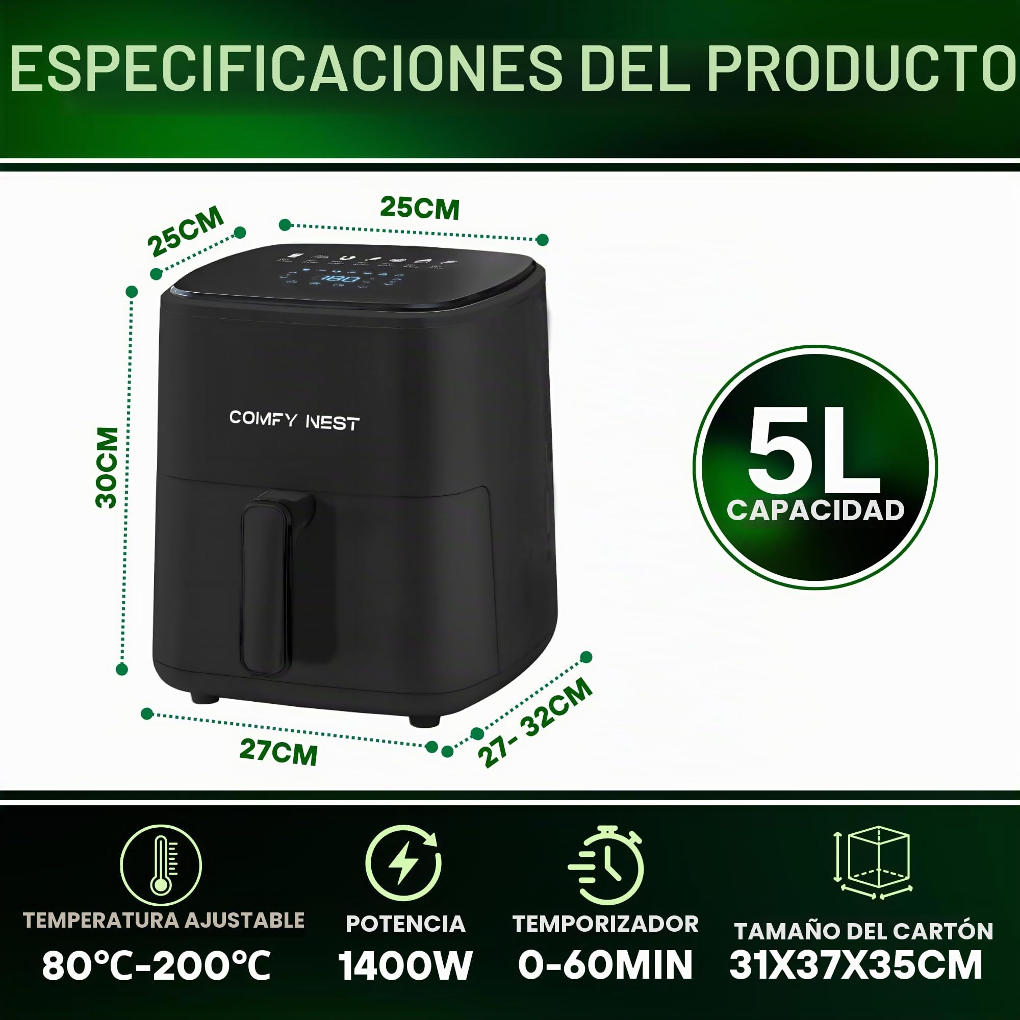 Comfy Nest, Freidora de Aire Caliente 5L con Pantalla Digital 1400W, Tecnología Rapid Air, 10 Programas Preestablecidos, Control de Temperatura 80-200°C, Negra, Cocina Sana y Cómoda, Freidora de Aire