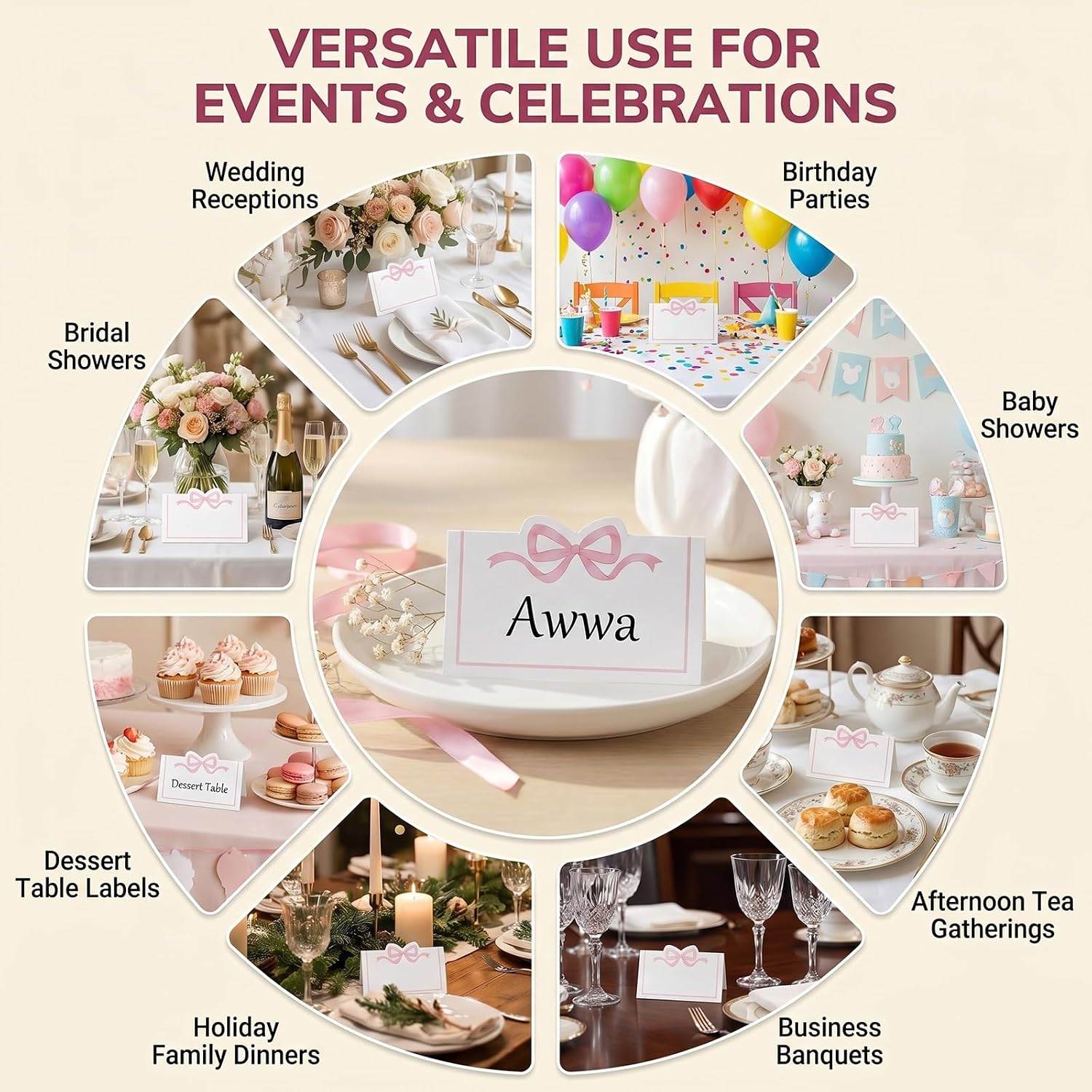 50 Pcs Pink Bow Place Cards