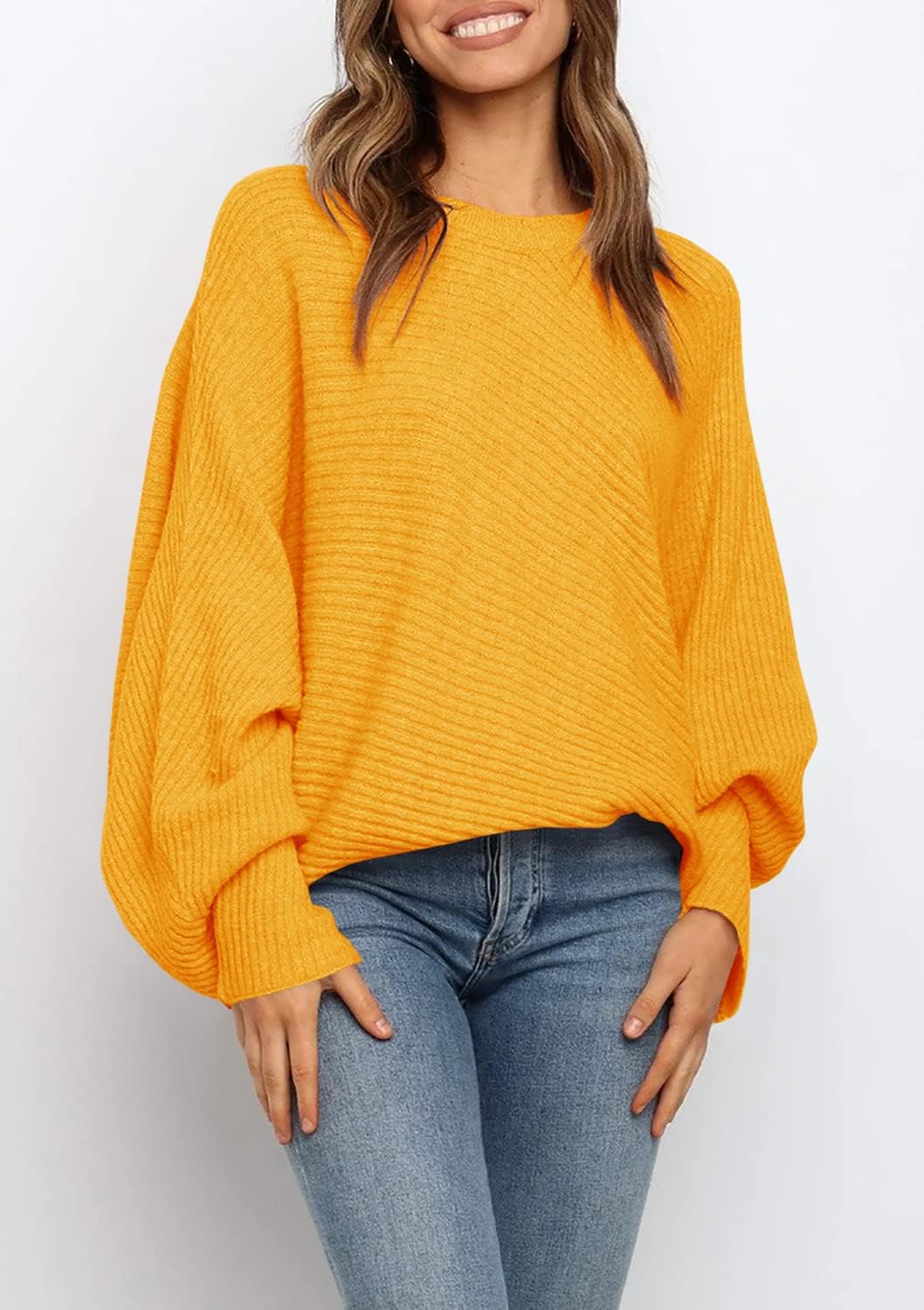 Mafulus Women's Oversized Crewneck Sweater Batwing Puff Long Sleeve Cable Slouchy Pullover Jumper Tops - Image 2