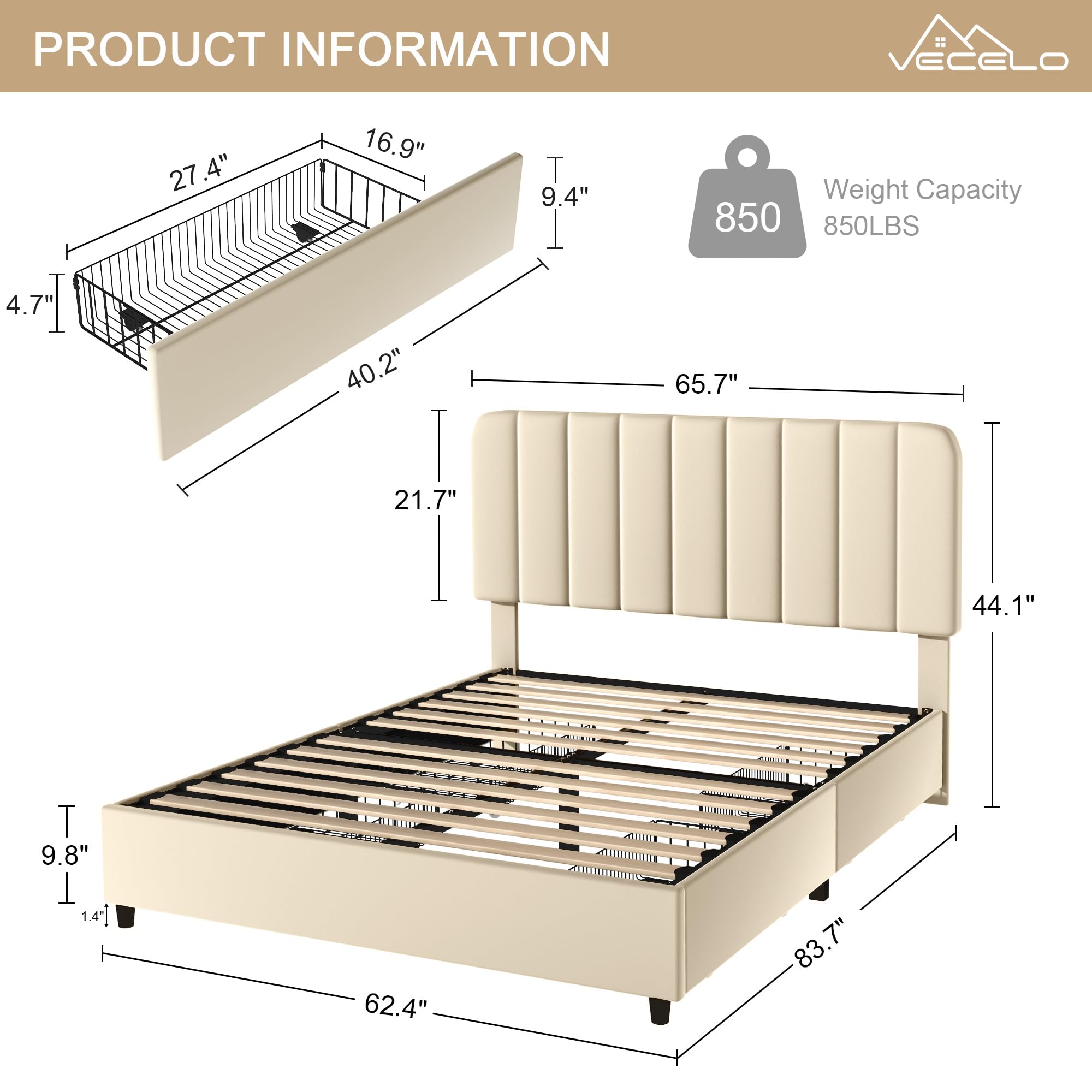 VECELO Queen Size Upholstered Bed Frame with 4 Drawers and Adjustable Headboard, Velvet Platform Storage Bedframe Mattress Foundation, Wooden Slats Support, No Box Spring Needed, Beige