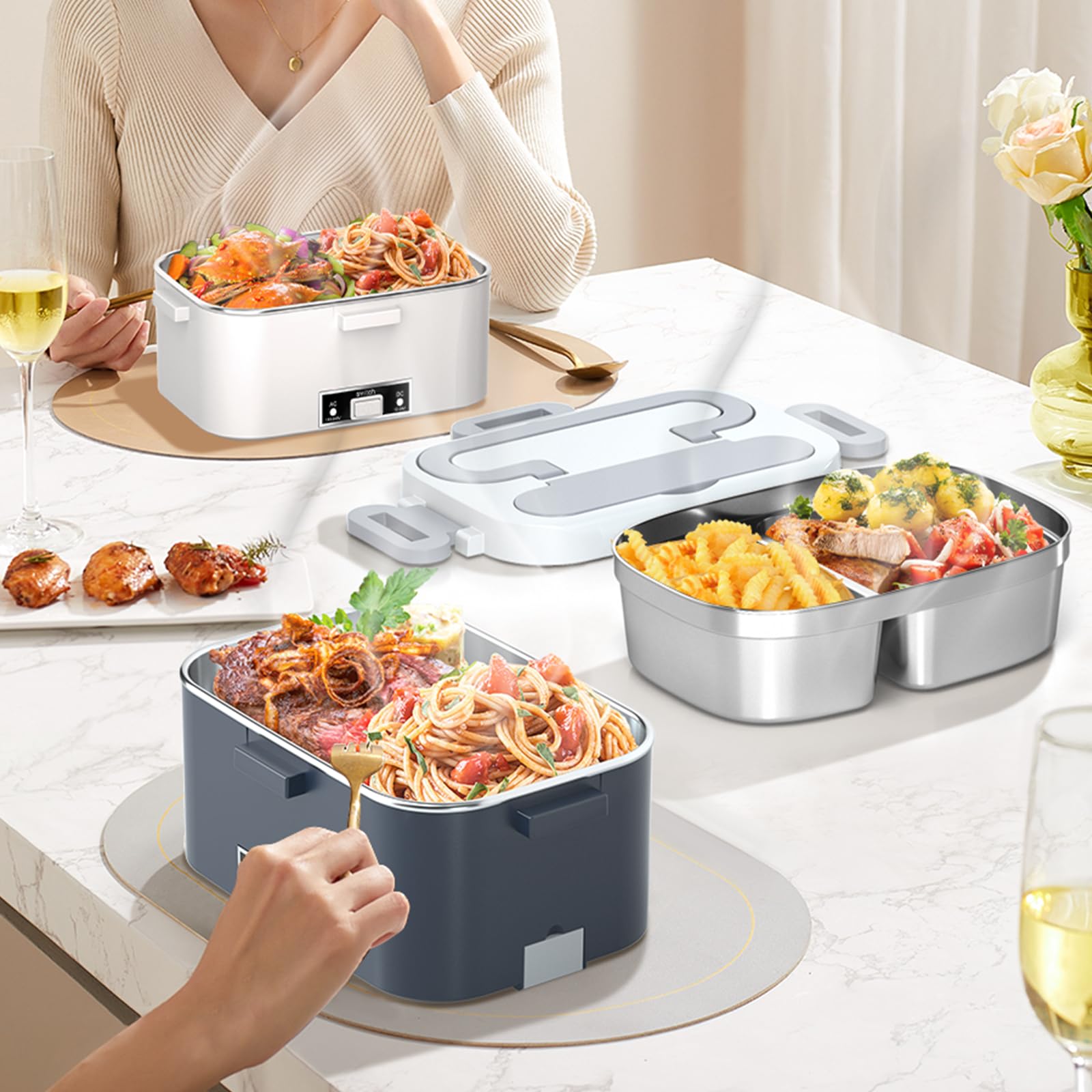 Electric Lunch Box for Adults - 2 Pack 1.8L Container 100W Heated Lunch Box for Men Fast Heating Food Heater Portable with ON/OFF Switch, 0.6L Compartment Lid for Car, Truck, Office (12V/24V/110V)