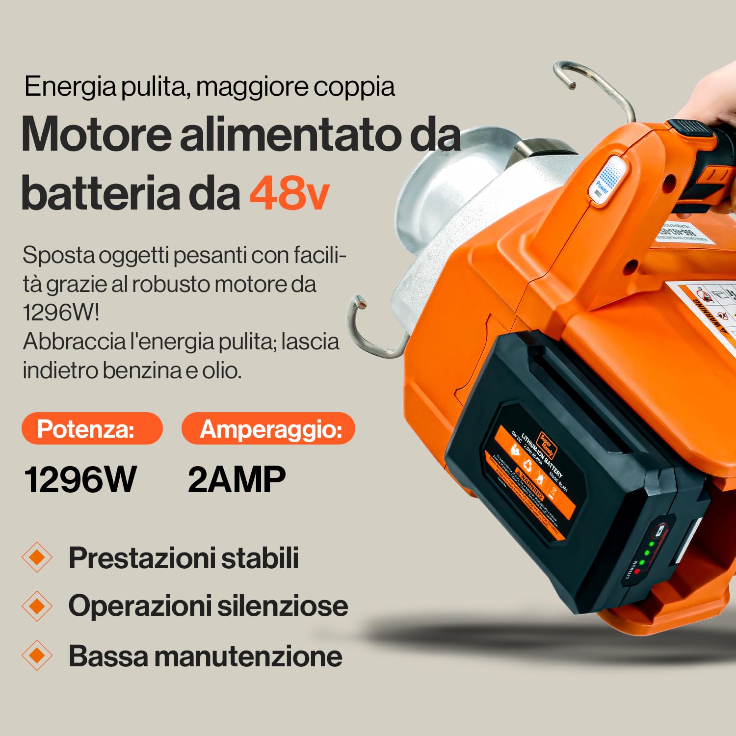 SuperHandy Argano elettrico portatile Motore senza spazzole alimentato a batteria agli ioni di litio 454kg-908kg di forza di trazione massima per la silvicoltura(corda a basso allungamento inclusa)