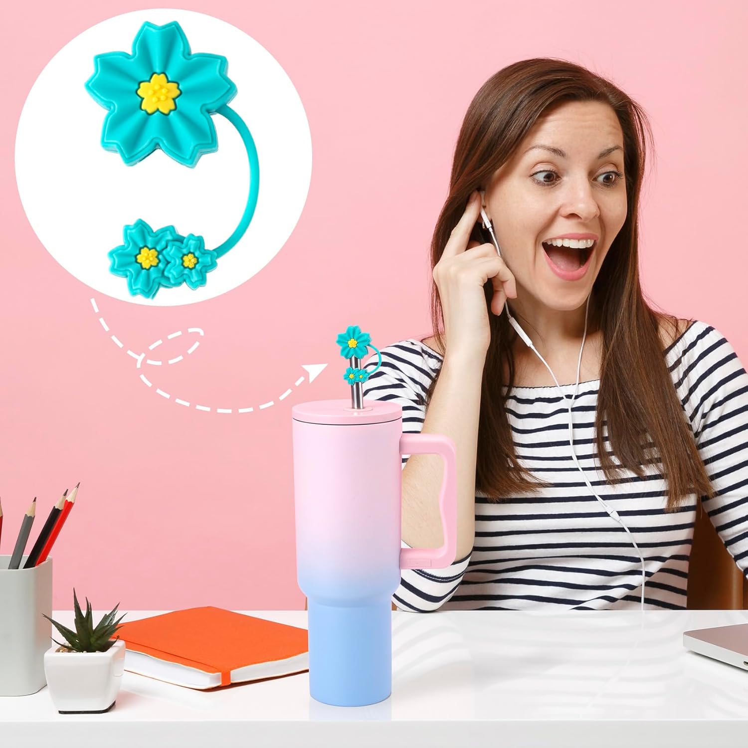 2pcs 10mm Teal Flower Straw Toppers, Cute Cherry Silicone Covers Reusable for Stanley 30/40 oz Tumbler Drinking Cups, Accessories for Rave Halloween Christmas - Image 6