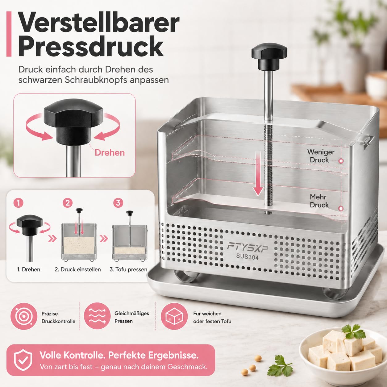 Pressa per tofu in acciaio inox 304, con pressione regolabile, pressa per formaggio e paneer, con vaschetta antigoccia e panno per formaggio, senza BPA, lavabile in lavastoviglie, per tofu