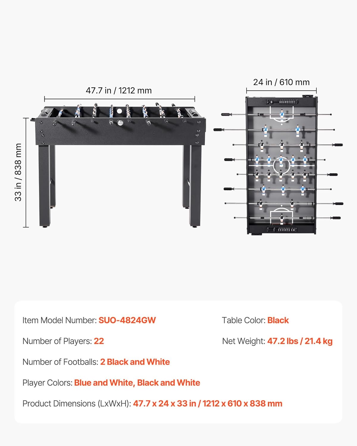 VEVOR Foosball Table, 55 inch / 42 inch Standard Size Foosball Table, Indoor Full Size Football Table for Home, Family, and Game Room, Soccer with Durable Soccer Set