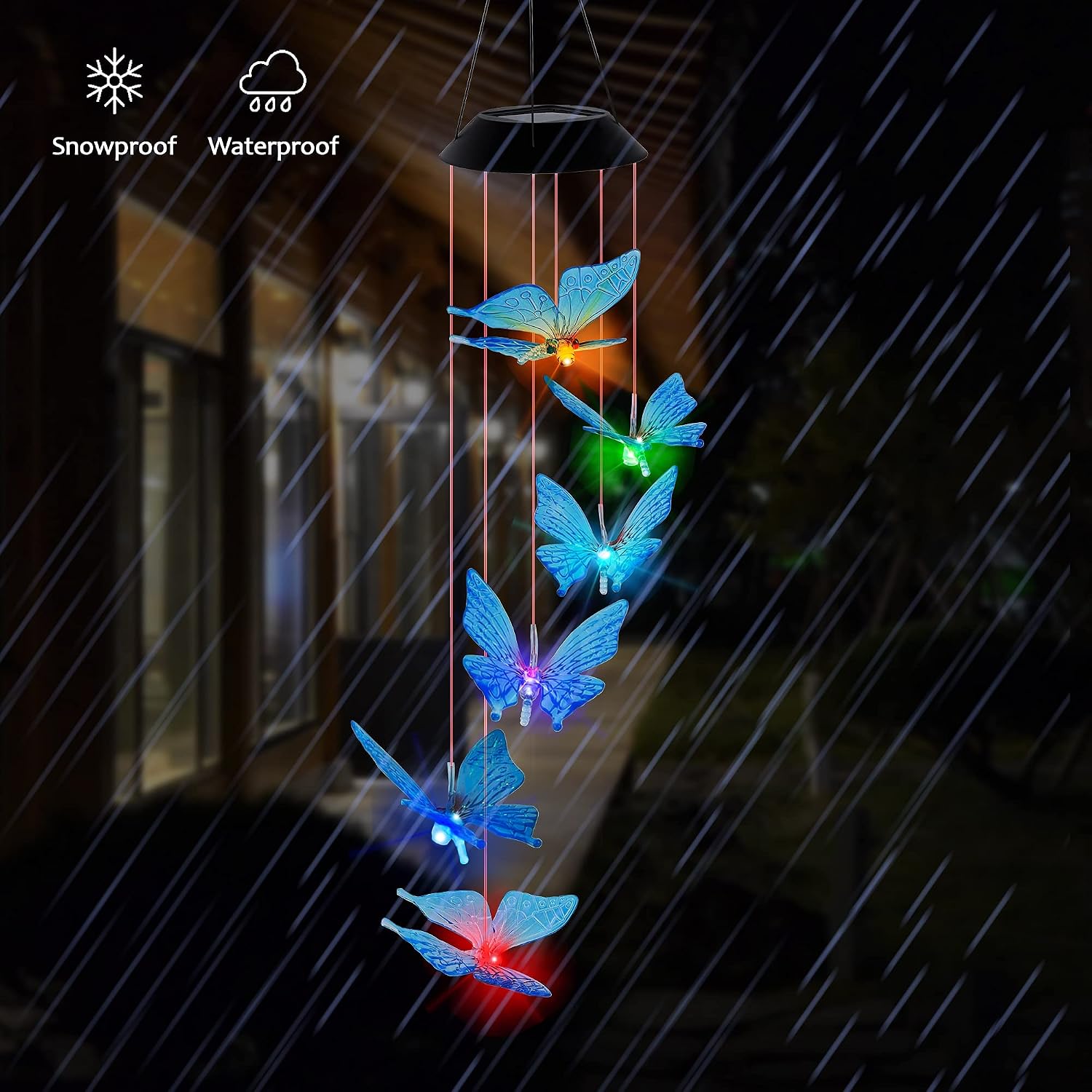 SAND MINE Solar Wind Chimes, Outdoor Solar Butterfly Wind Chimes, Color Changing LED Mobile Wind Chime, Outdoor Waterproof LED Solar Light for Porch Deck Garden Patio Decor, Blue