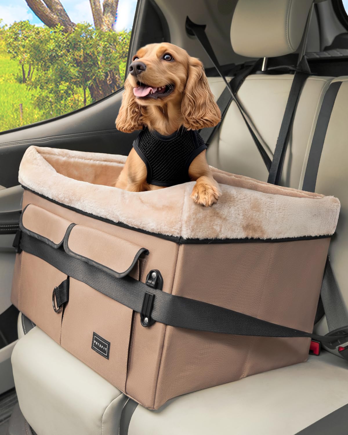 Petsfit Asiento de coche para perro de tamaño mediano, con hebillas de patente, almohadilla lavable, asiento elevador mejorado de hasta 20 kg, caqui