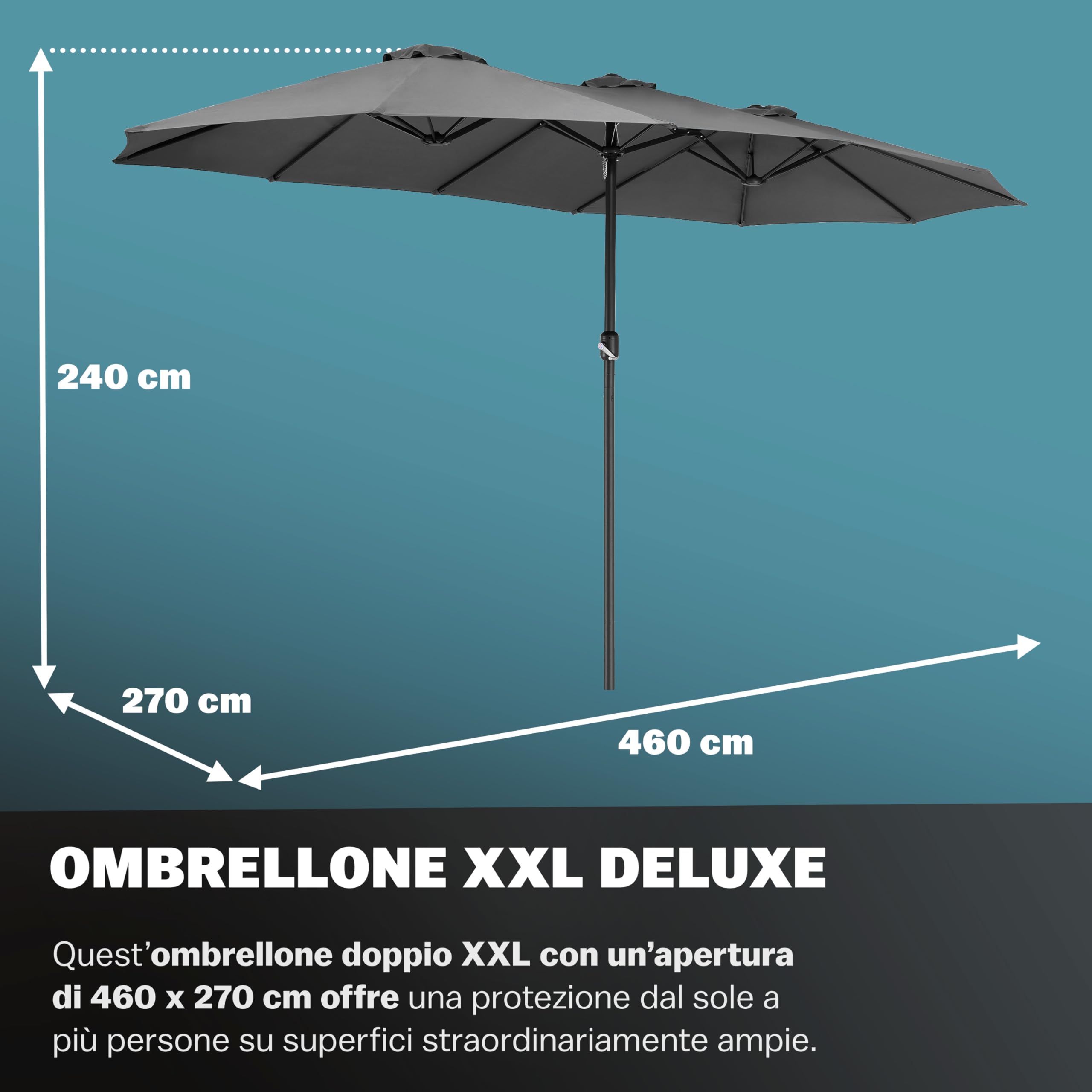Kingsleeve Ombrellone XXL 460x270 cm Protezione UV 80+ Doppio Grande con Custodia e Manovella Impermeabile da Giardino Terrazza Balcone Mercato Nero