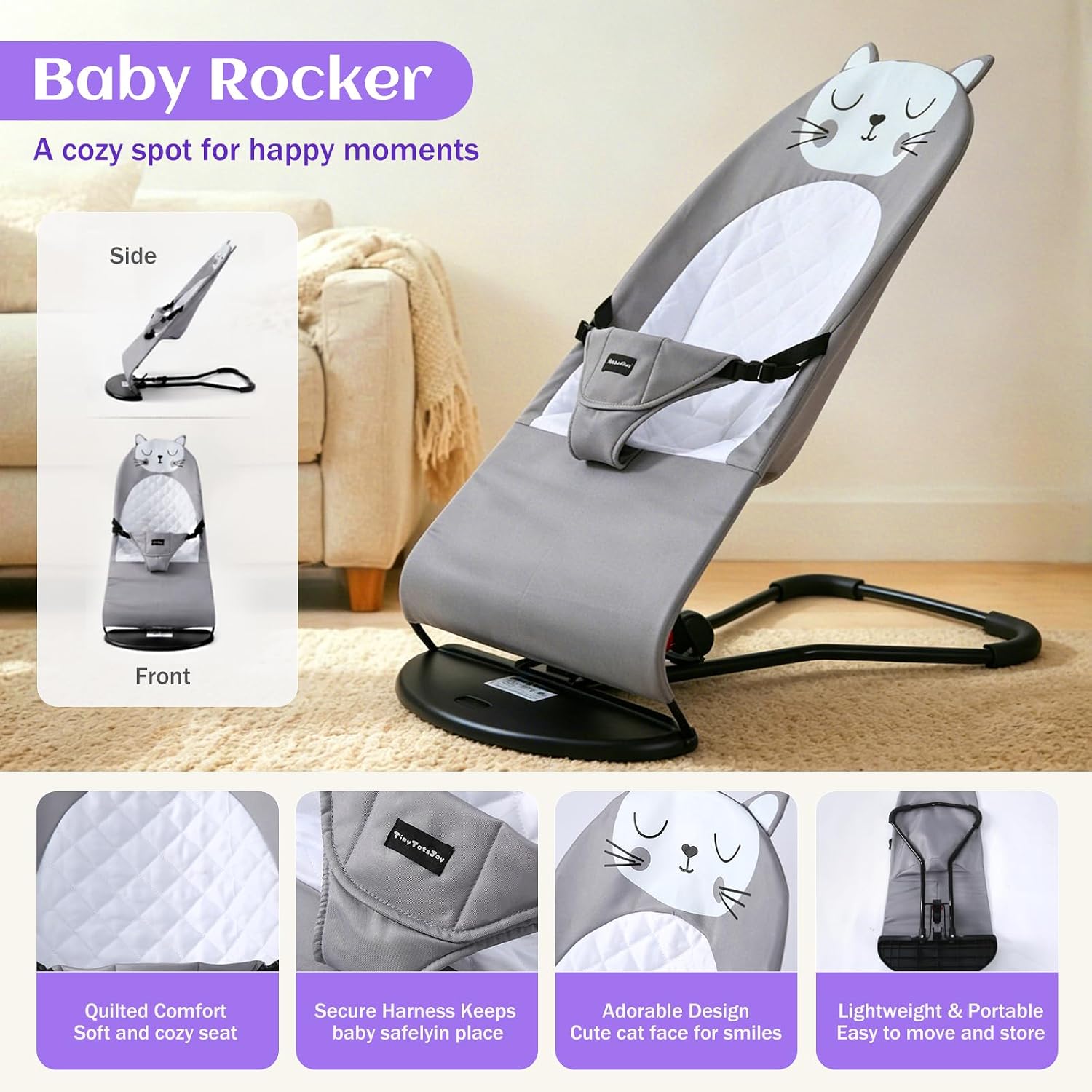 Foldable Baby Bouncer, Baby Seat with 3 Adjustable Heights, Portable Newborn Rocker, Ergonomic Bouncy Seat for Natural Bounce, Bouncer for Babies 0-6 Months, Soft Cotton