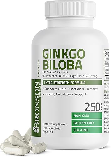 Bronson Ginkgo Biloba 500mg Extra Strength 500mg por porción - Apoya la función cerebral y el apoyo de la memoria 250 cápsulas vegetarianas