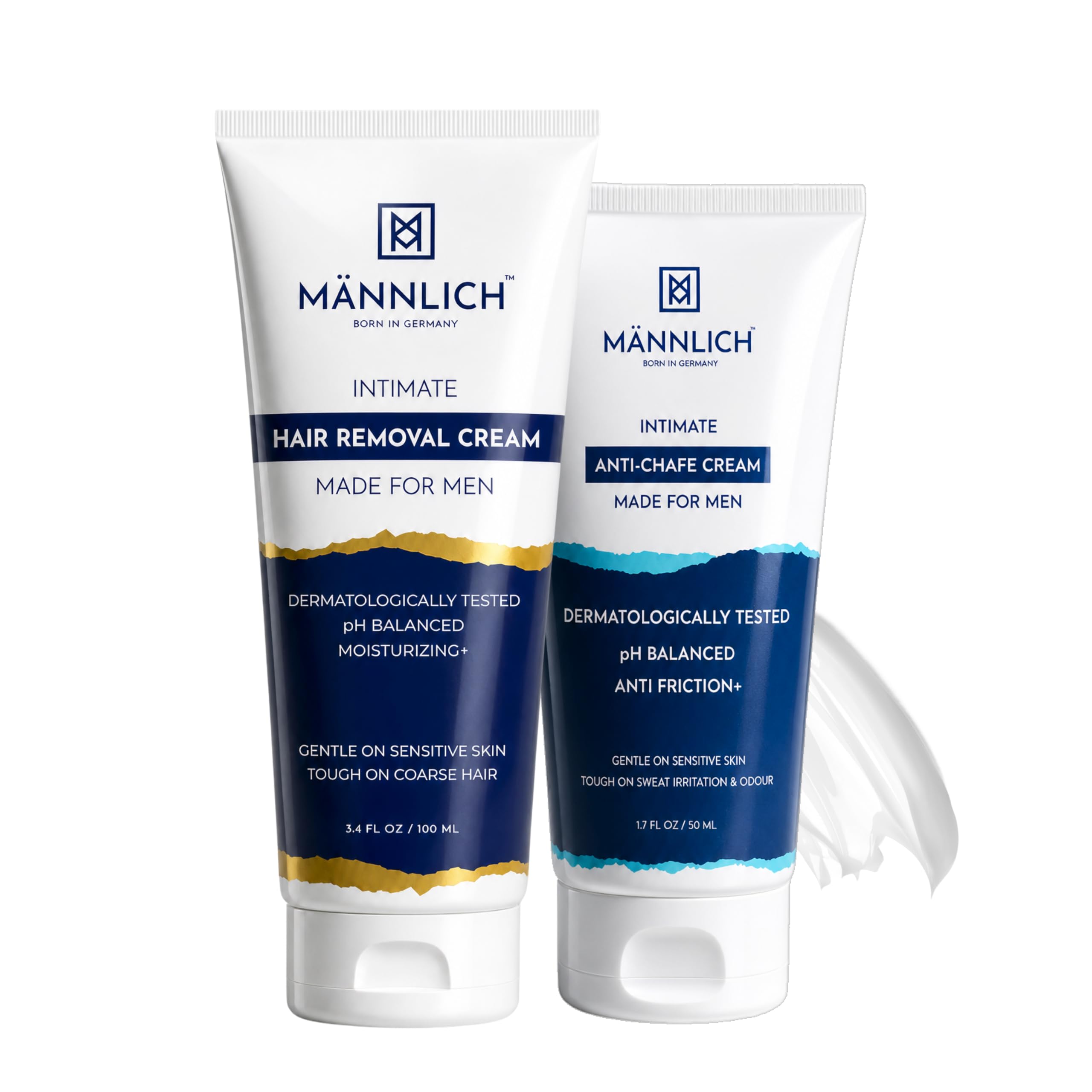 Mannlich Anti Chafing Cream for Men, Anti-Rash Cream for Intimate Areas, Reduces Inner Thigh Rashes from Sports and Fitness Activities (50 ml) & Intimate/Private Hair Removal (100 ml) pH Balanced, Dermatologically Tested