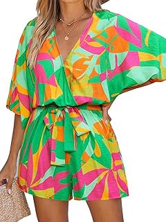 Women's Summer Romper Lace Up Printed Half Sleeves Casual Wide leg Vacation Outfit Mini One Piece Jumpsuit
