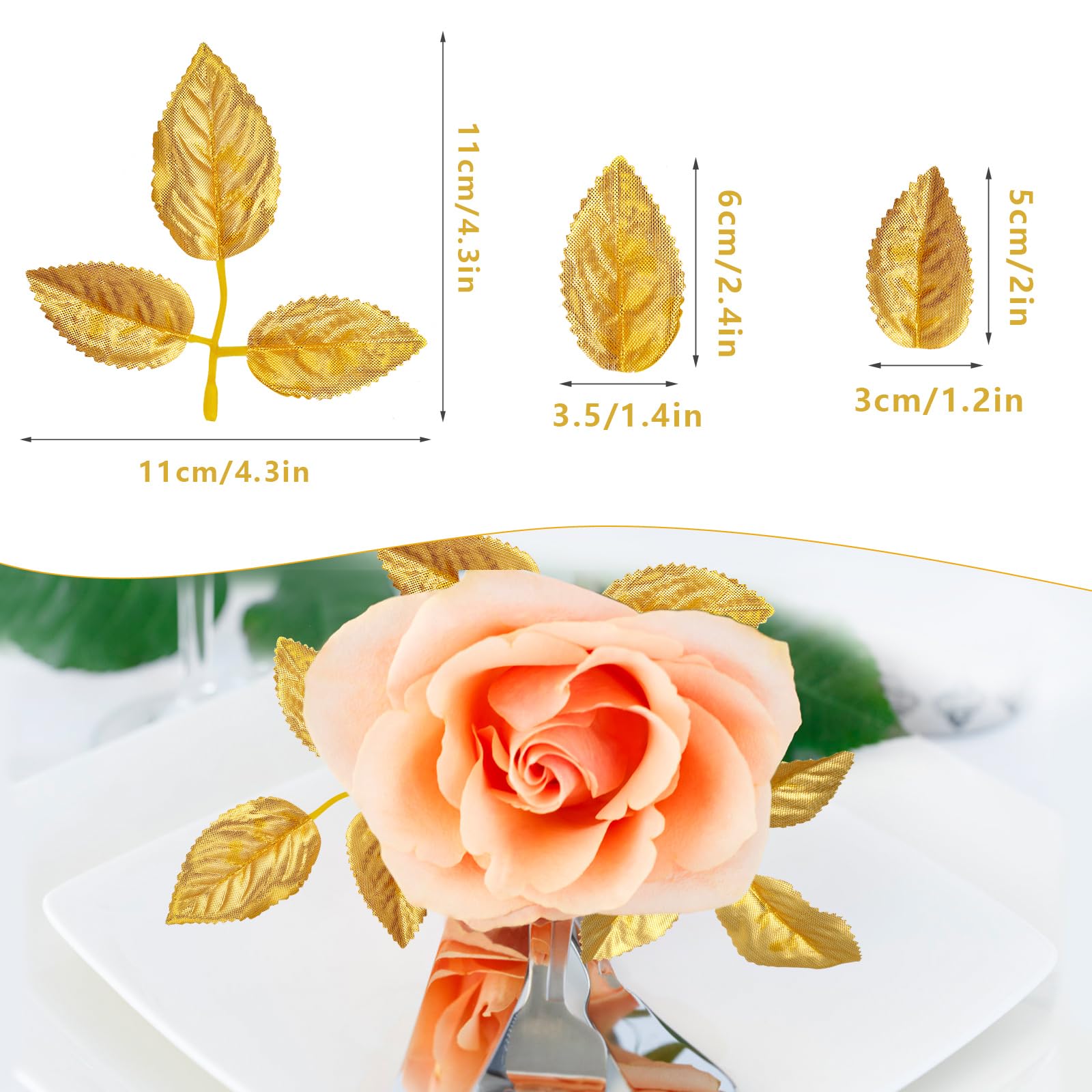 MWOOT 100 Foglie Artificiali Dorate In Seta Per Artigianato - Foglie Finta Rosa Per Decorazioni Fai Da Te, Scrapbooking, Bouquet, Centrotavola, Matrimoni, Festività, Oro 3x5.3cm