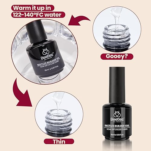 Miniatura 14 de Beetles Builder Gel de 0.5 onzas líquidas, gel fortalecedor 7 en 1 translúcido rosa nude, cepillo de extensión de uñas de gel UV en botella, no se