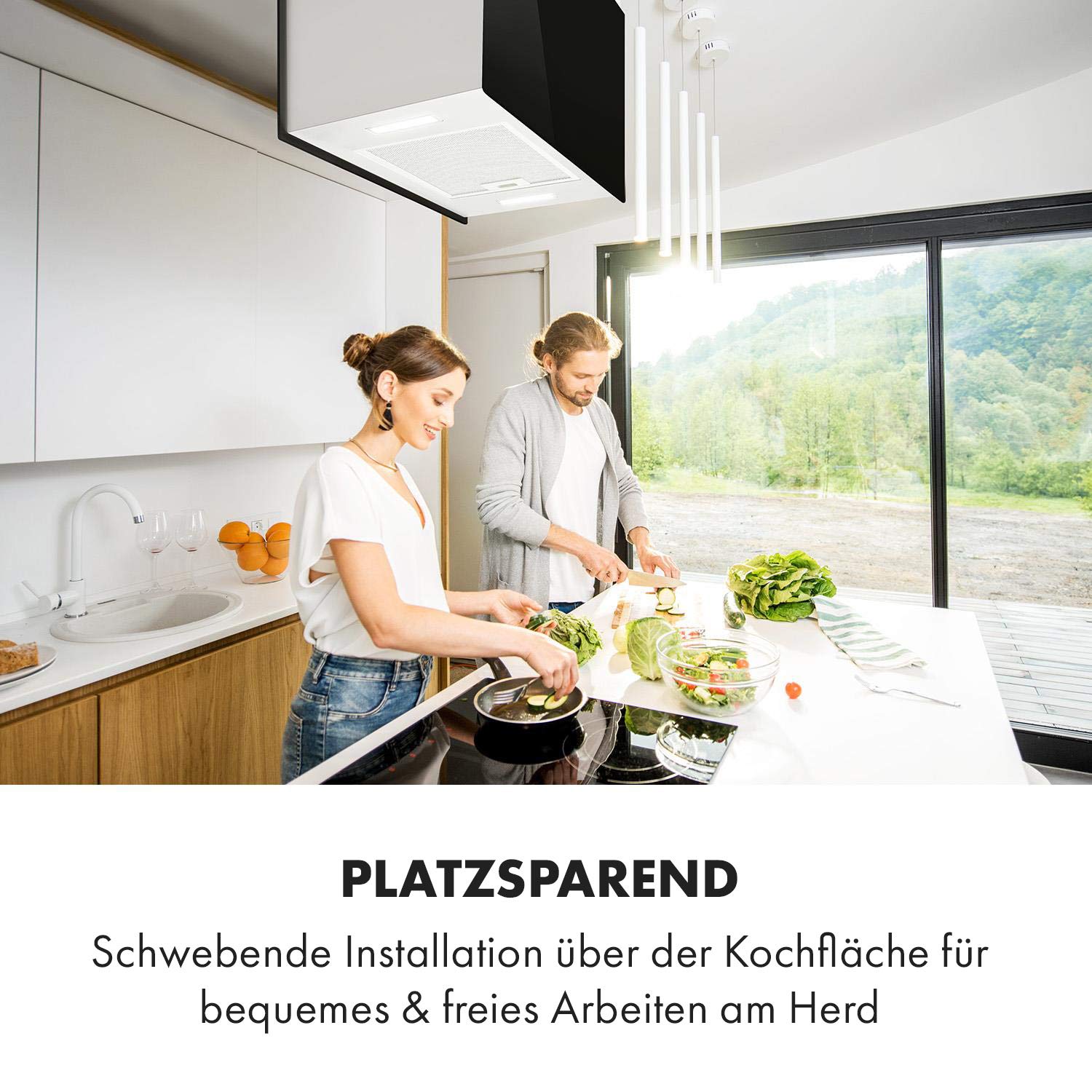 Klarstein Insel-Dunstabzugshaube 590m³/h Abluft/Umluft mit 3 Stufen Timer Aktivkohle-Filter